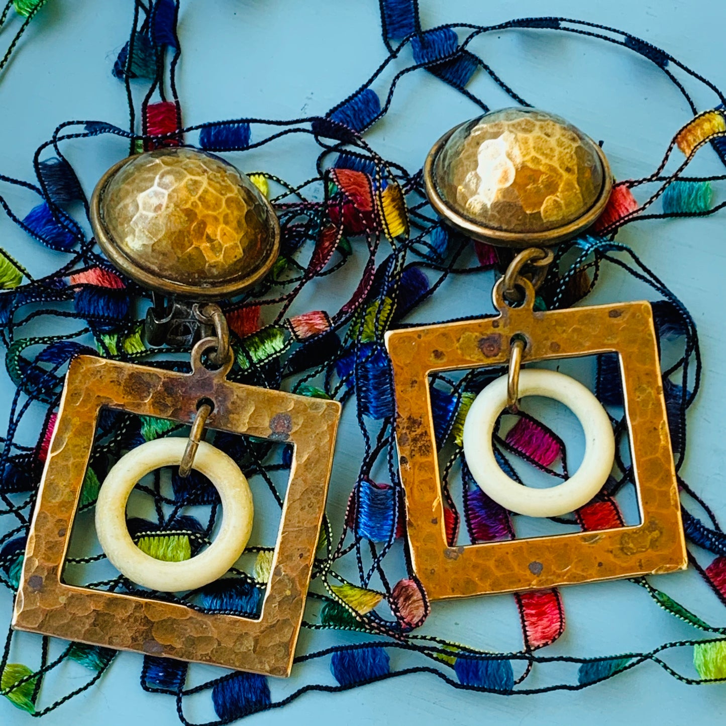 Mid Century Modern Copper & Plastic Dangling Earrings