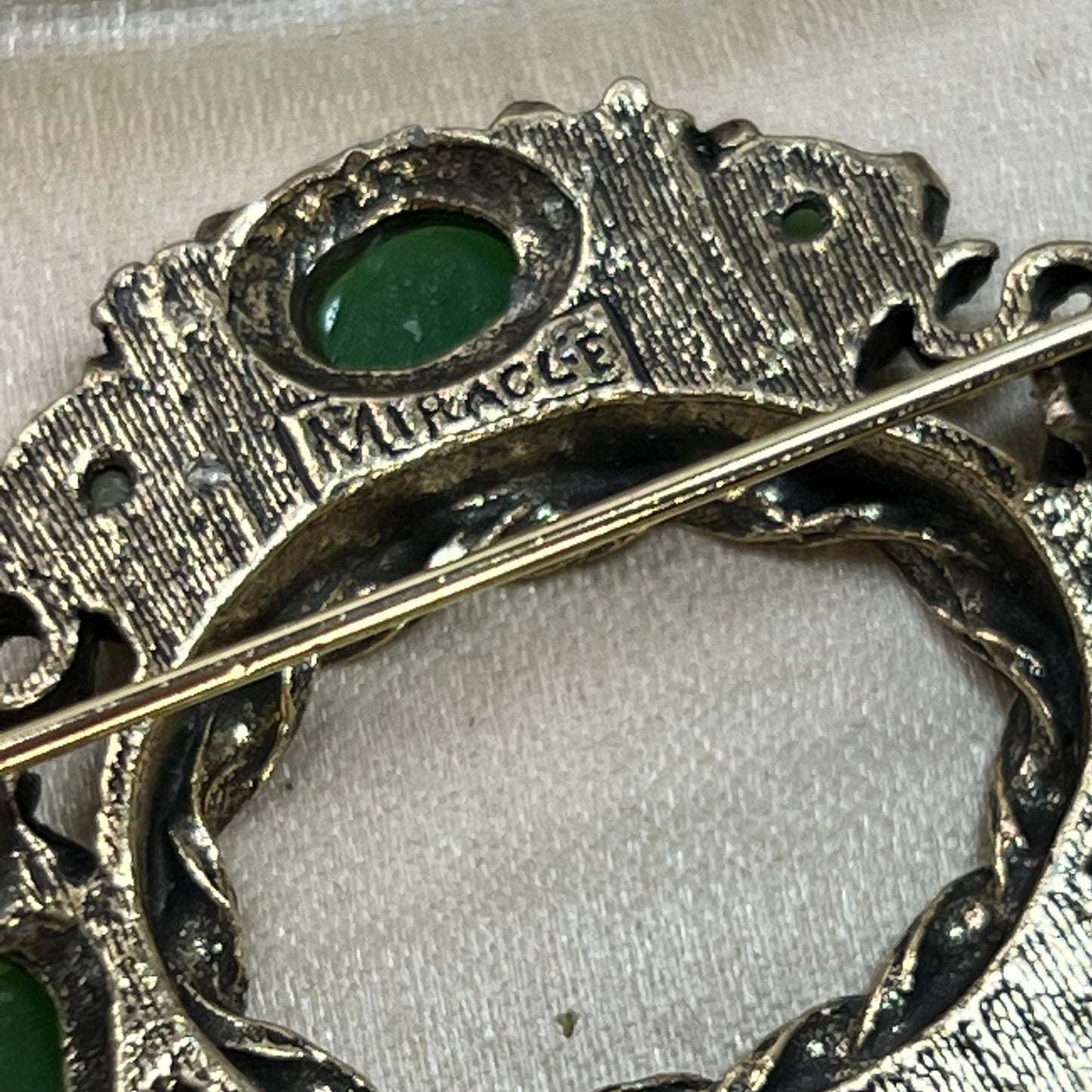 Vintage Miracle Green Glass Cabochon Pin