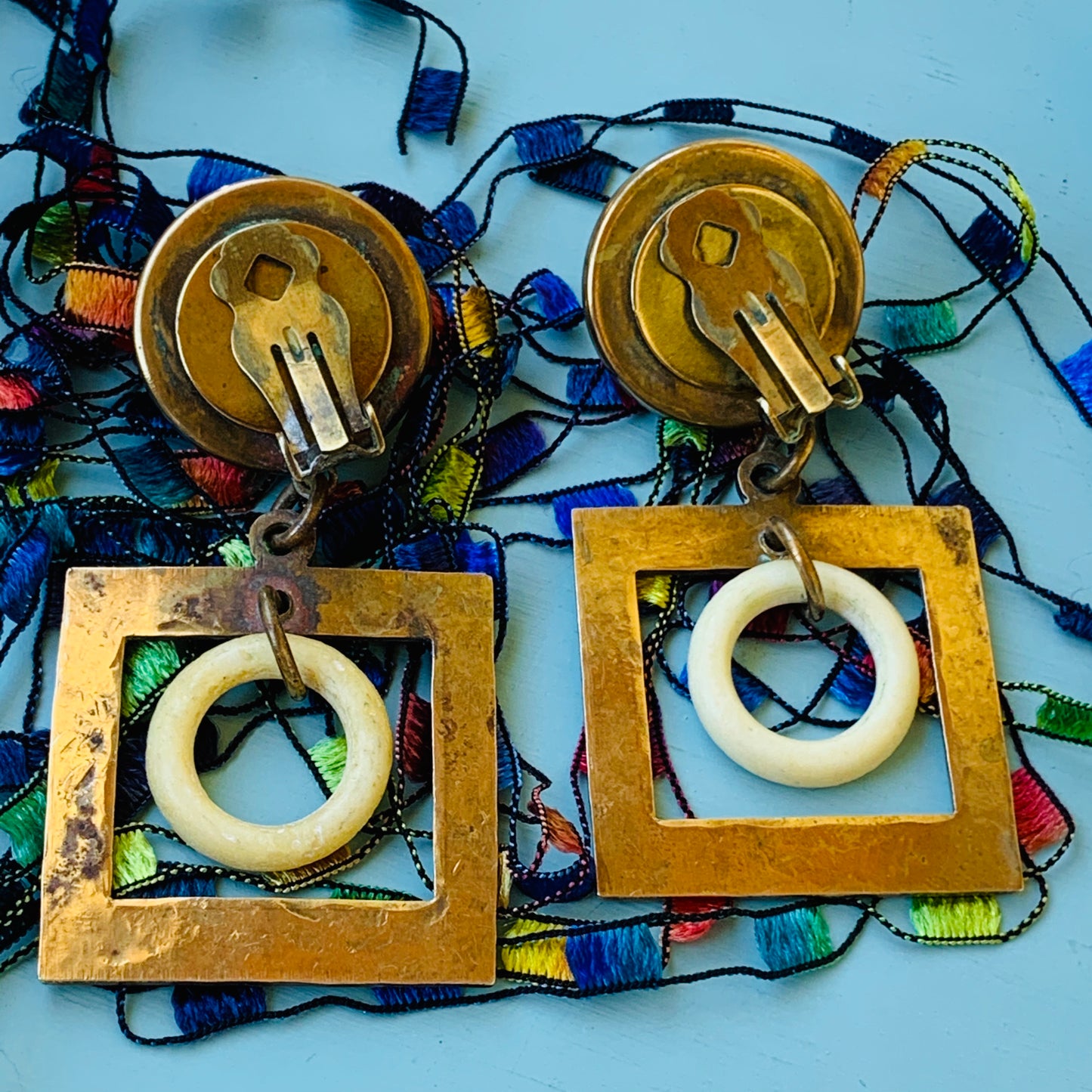 Mid Century Modern Copper & Plastic Dangling Earrings