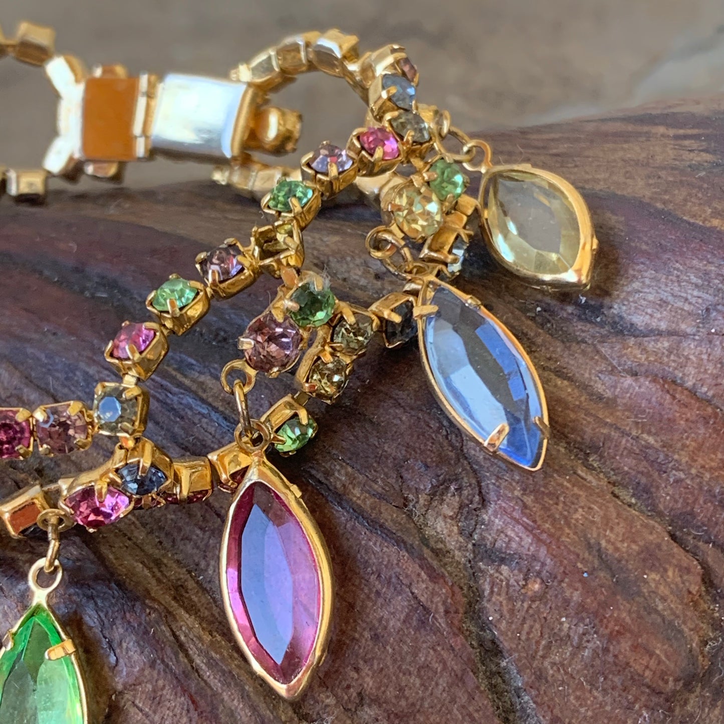 Vintage Pastel Rhinestone & Bezel Navette Dangle Bracelet