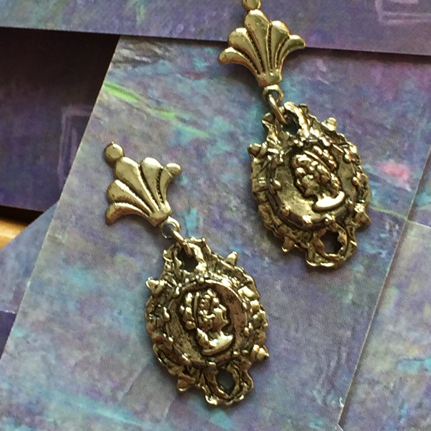 Vintage Silver Tone Cameo Pierced Earrings 14K Gold Posts - Lady Slippers