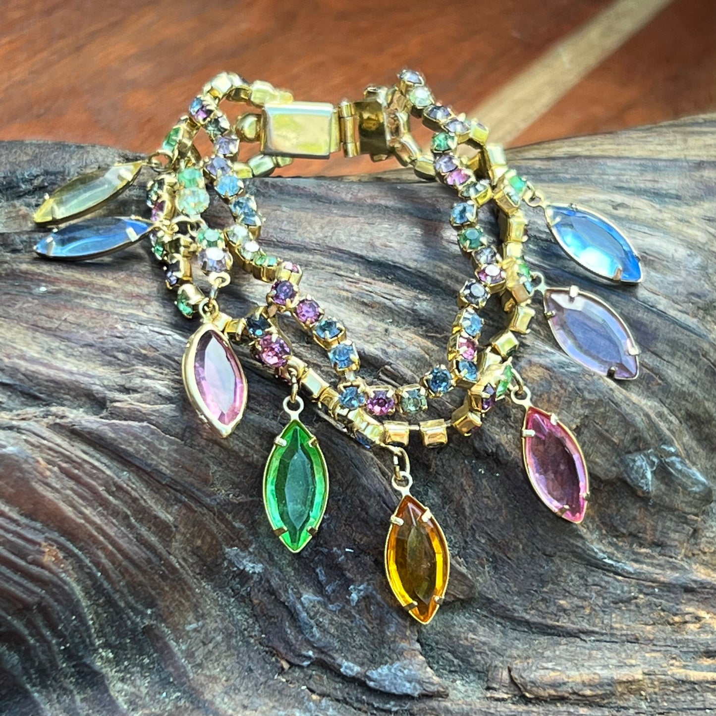 Vintage Pastel Rhinestone & Bezel Navette Dangle Bracelet