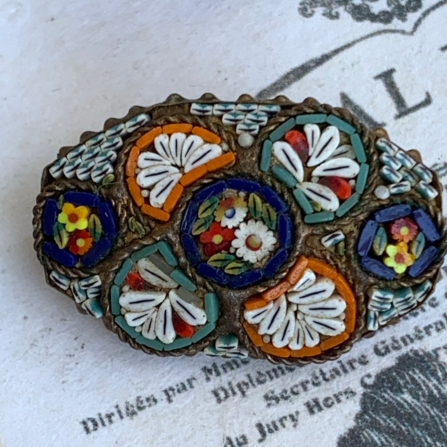 Antique Italian Floral Micro Mosaic Pin