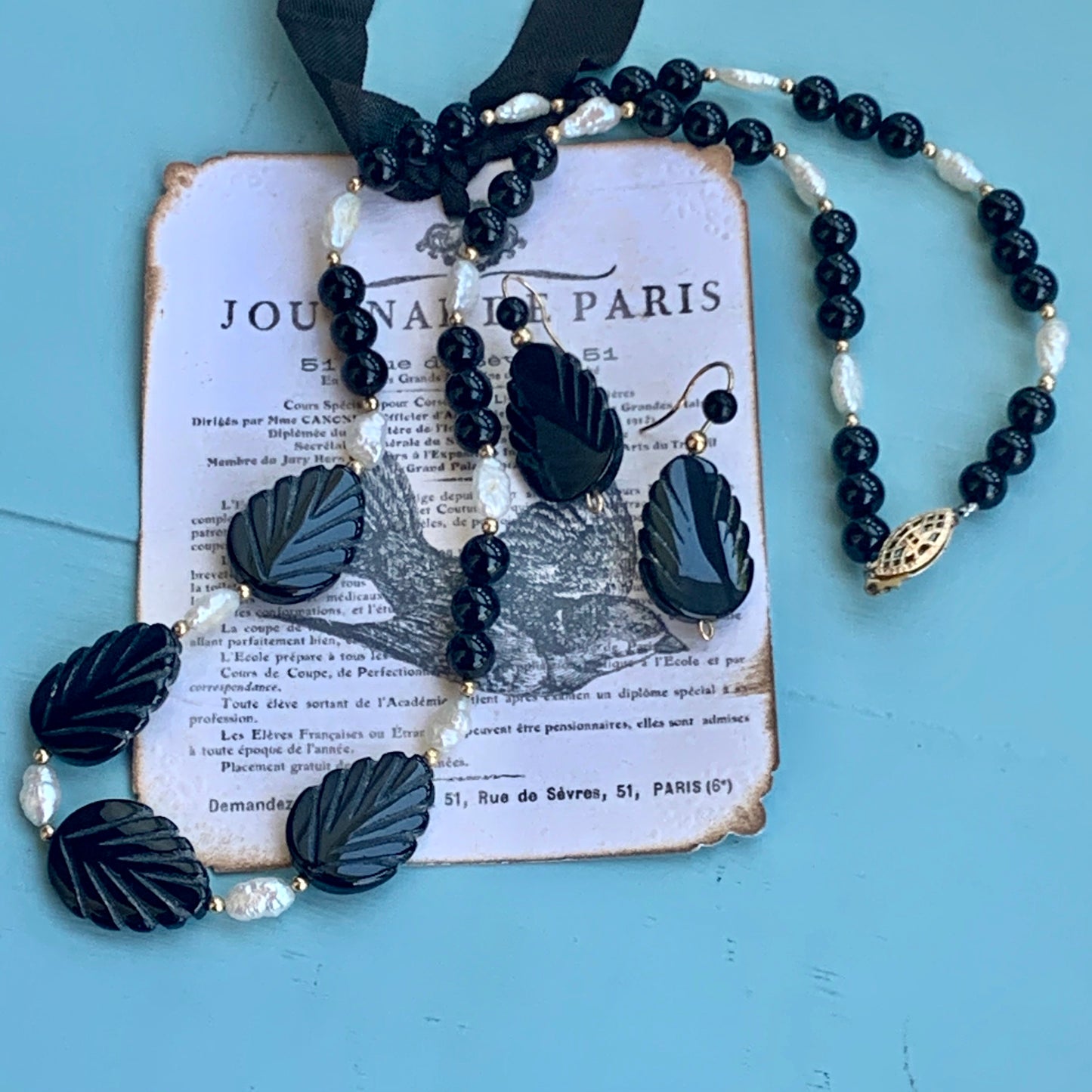 Vintage 14K Gold Filled Carved Onyx & Freshwater Pearl Necklace & Earring Set