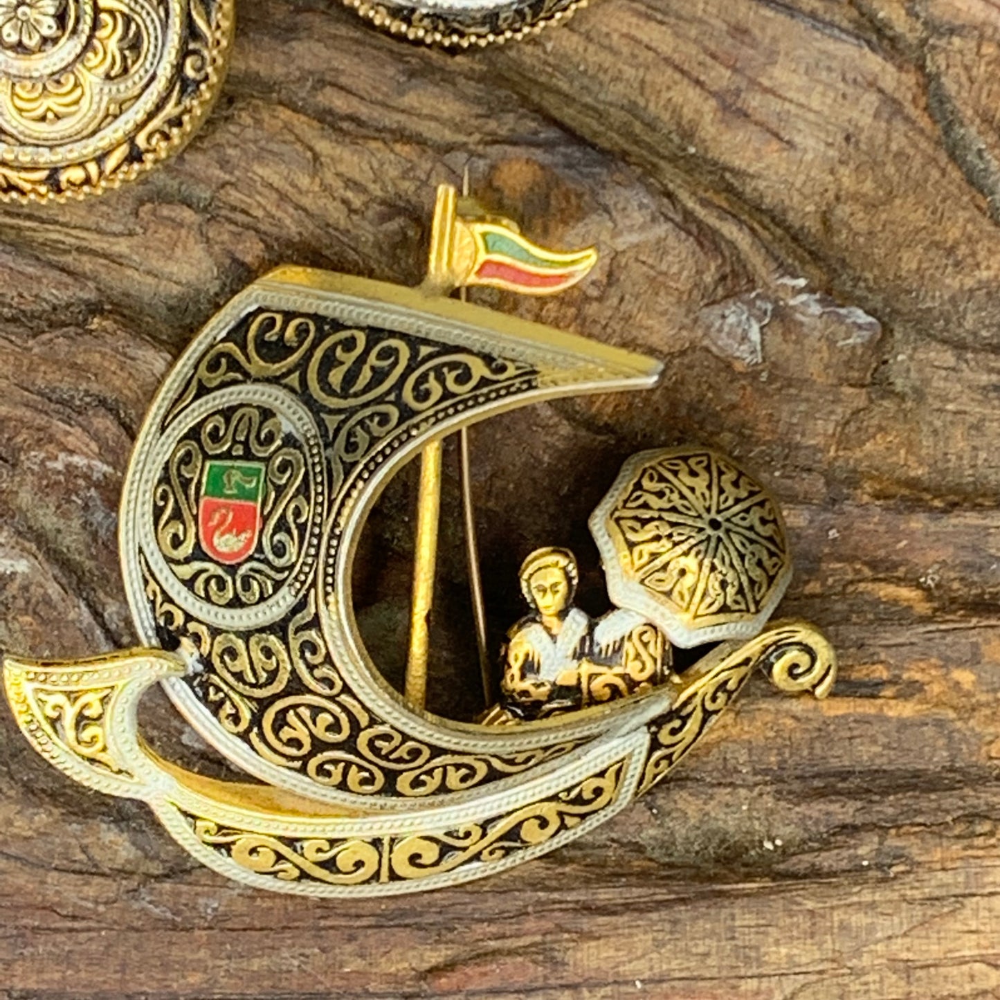 Vintage Spanish Damascene Tall Ship Pin & Damascene Earrings