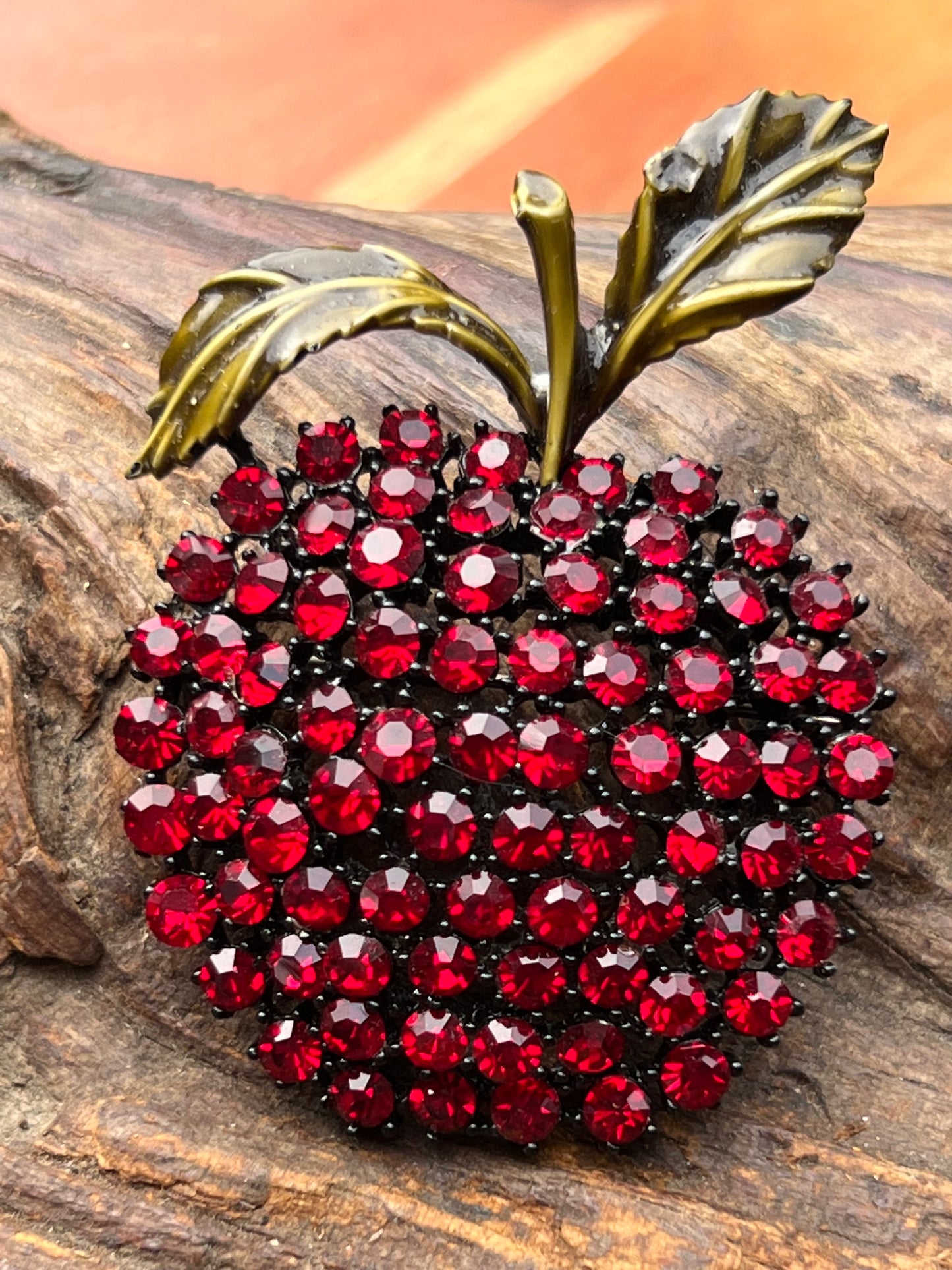 Vintage Red Rhinestone Apple Pin