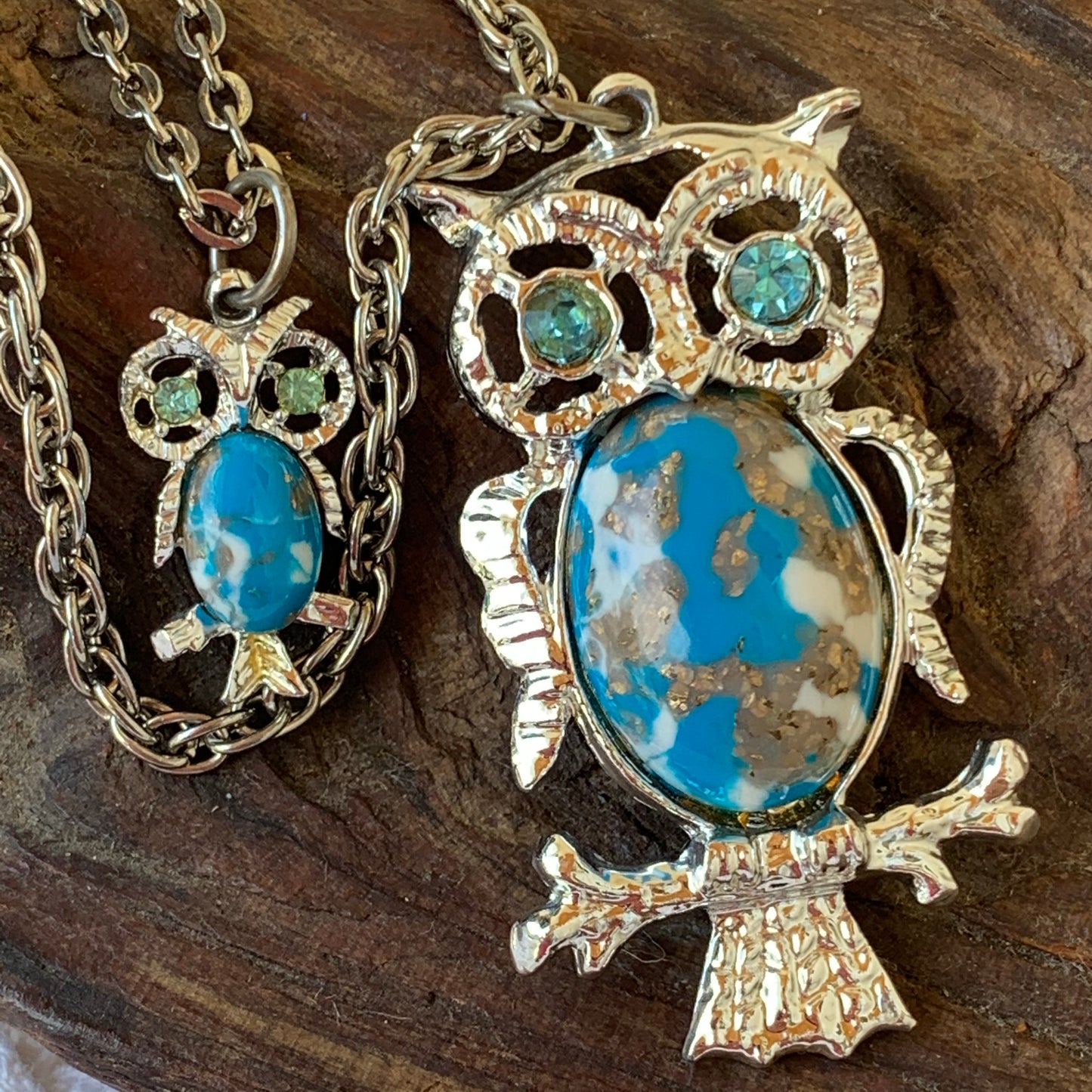 Vintage Faux Turquoise Mama & Baby Owl Double Strand Necklace