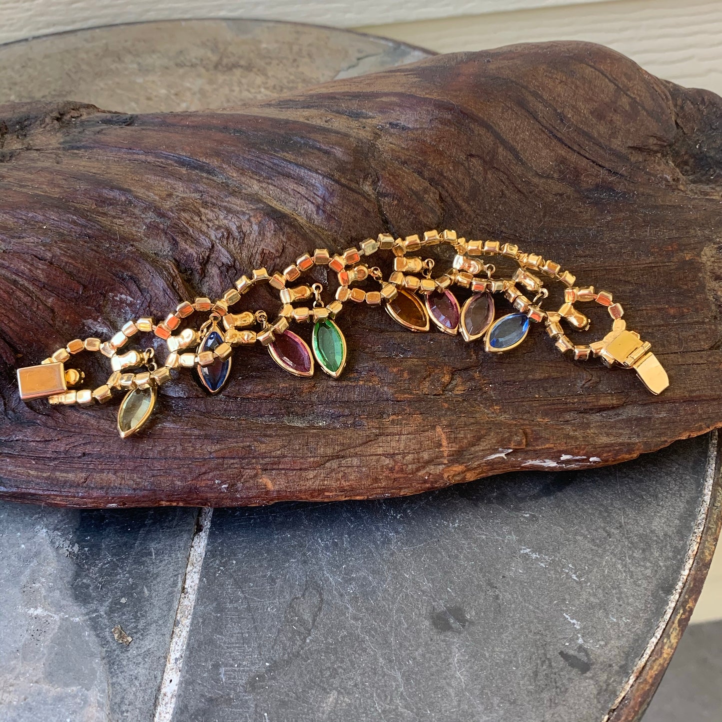Vintage Pastel Rhinestone & Bezel Navette Dangle Bracelet