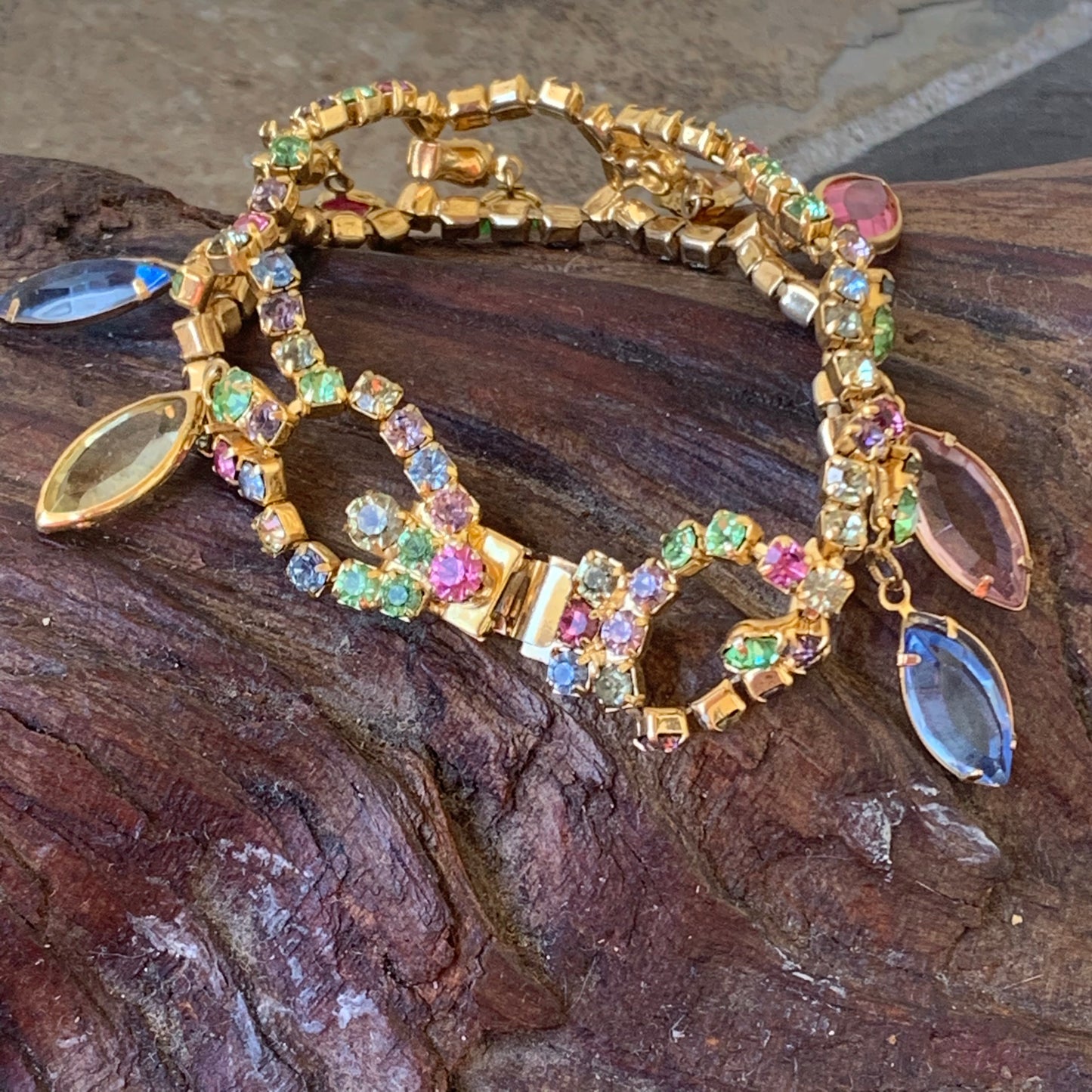 Vintage Pastel Rhinestone & Bezel Navette Dangle Bracelet