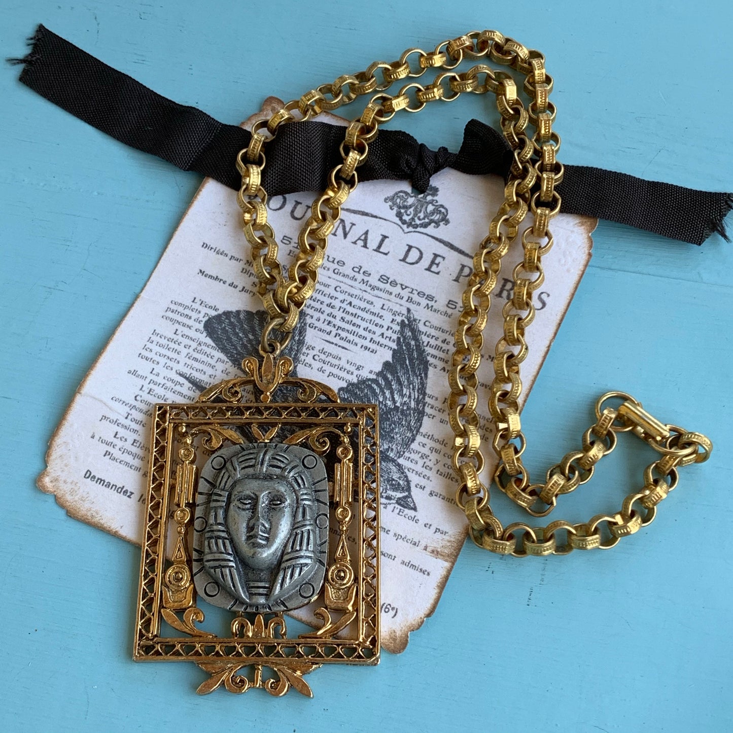 Vintage Signed Art King Tut Pendant Necklace