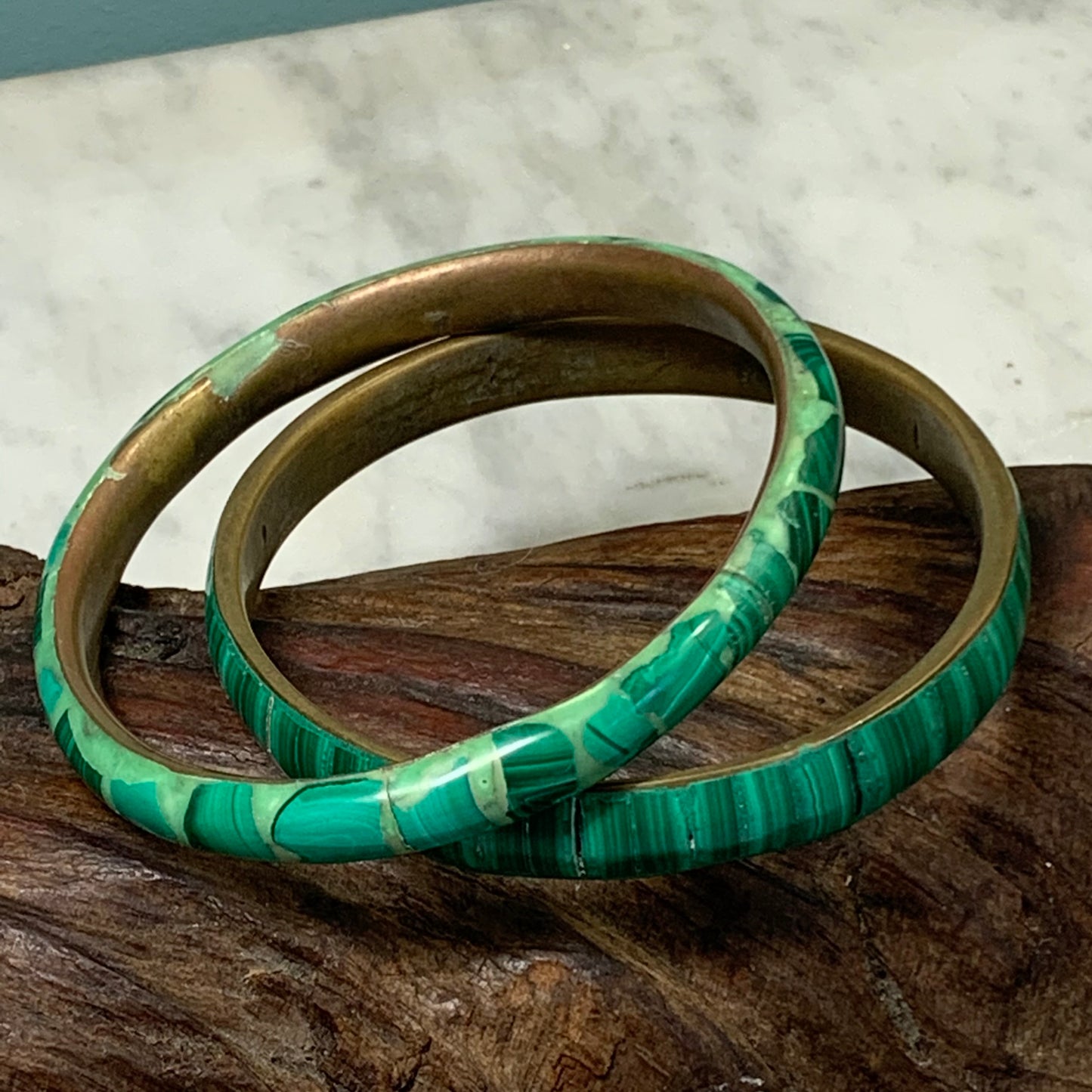 Two Vintage Malachite and Enamel Bangle Bracelets