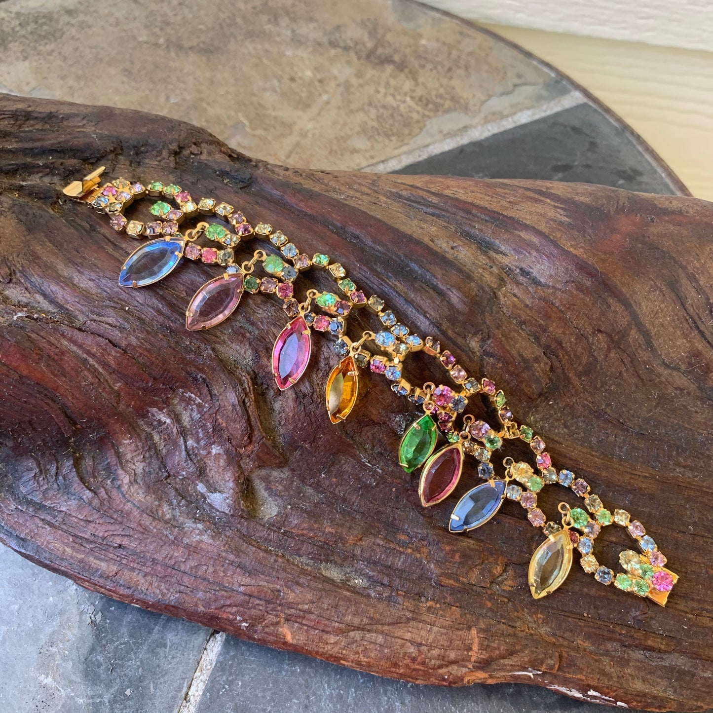 Vintage Pastel Rhinestone & Bezel Navette Dangle Bracelet