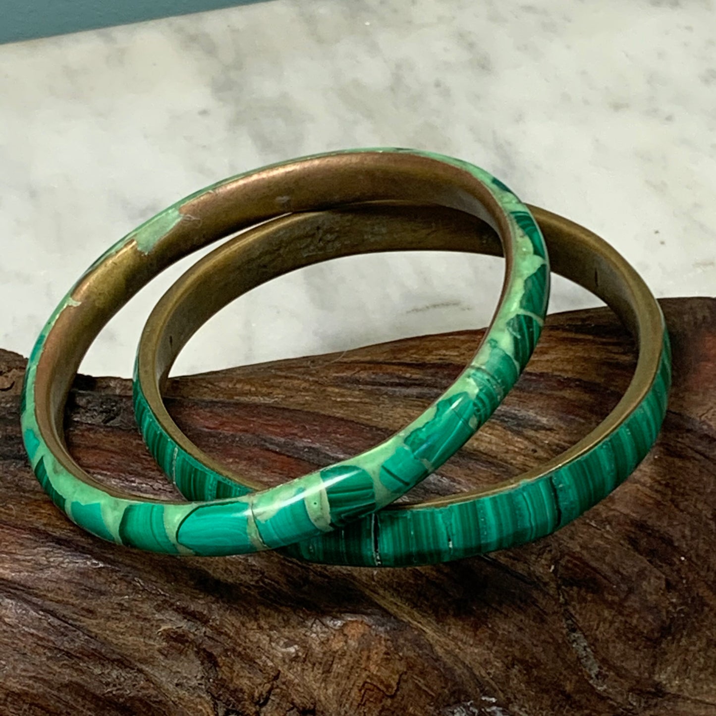 Two Vintage Malachite and Enamel Bangle Bracelets