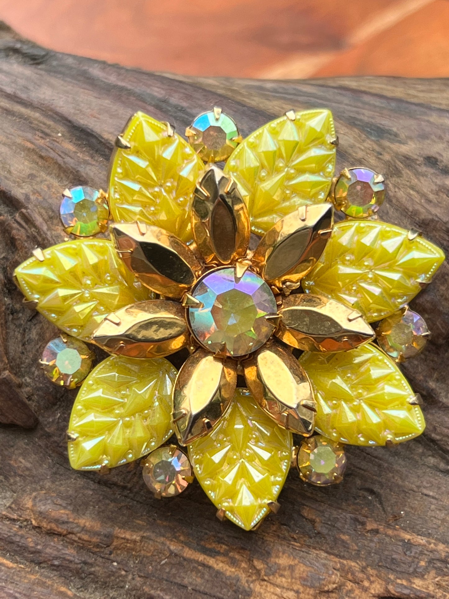 Vintage Yellow Floral Layered Rhinestone Carved Glass Leaf Pin