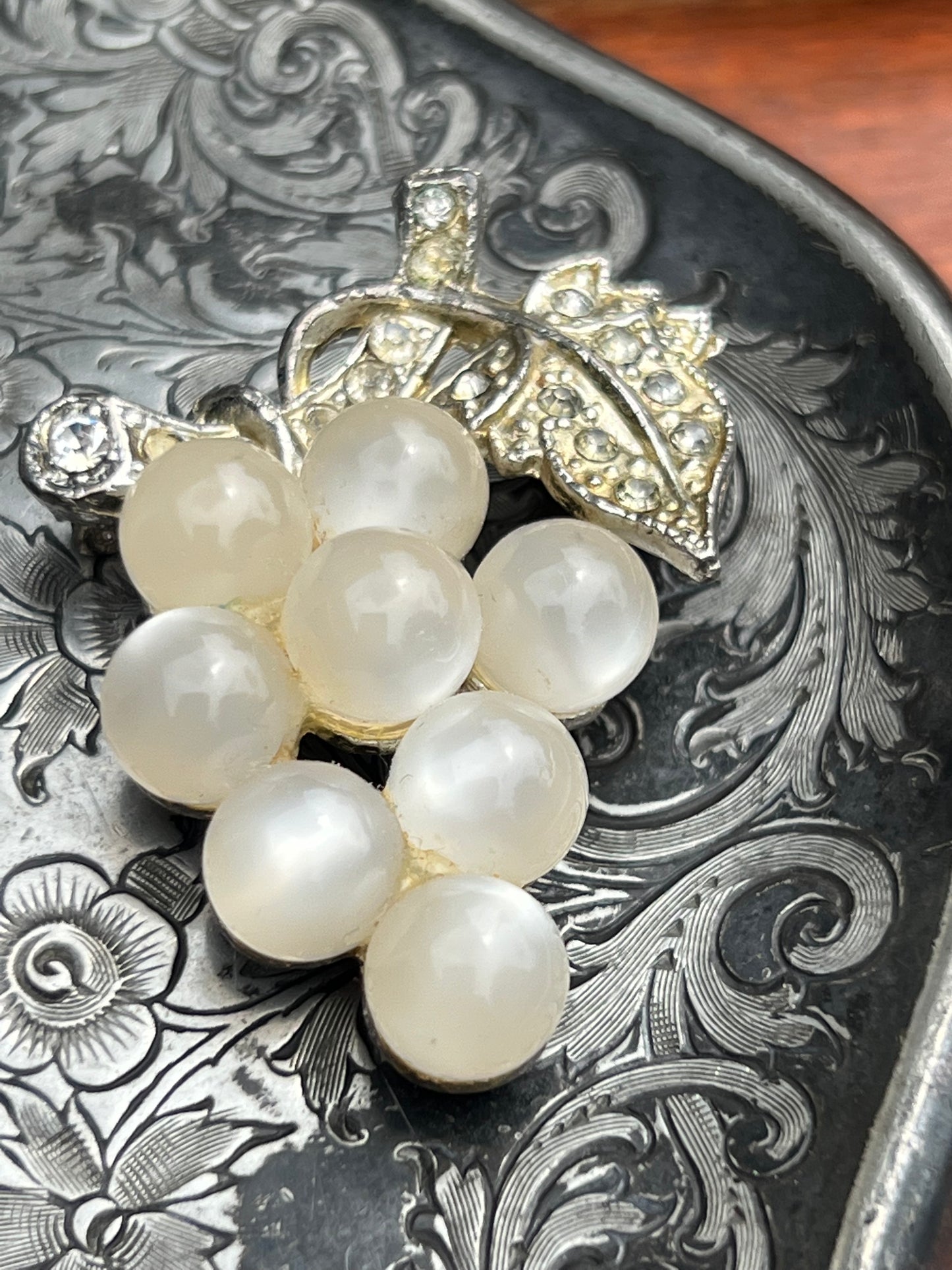 Vintage Soft White Lucite & Rhinestone Pin