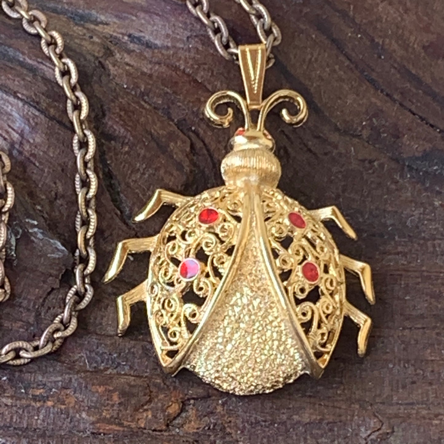 Vintage Rhinestone Ladybug Necklace