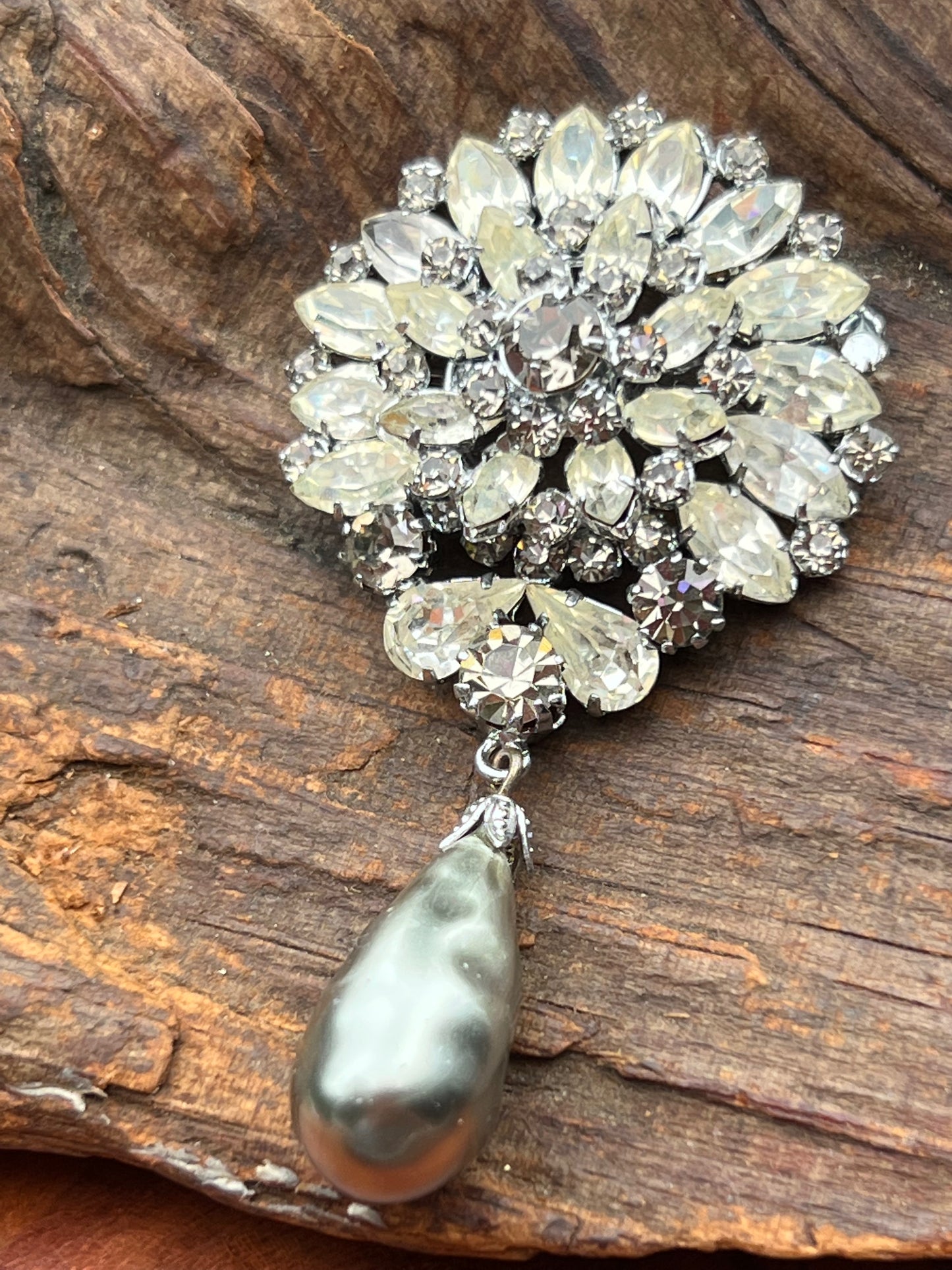 Vintage Soft Grey and Clear Rhinestone Dangling Pin