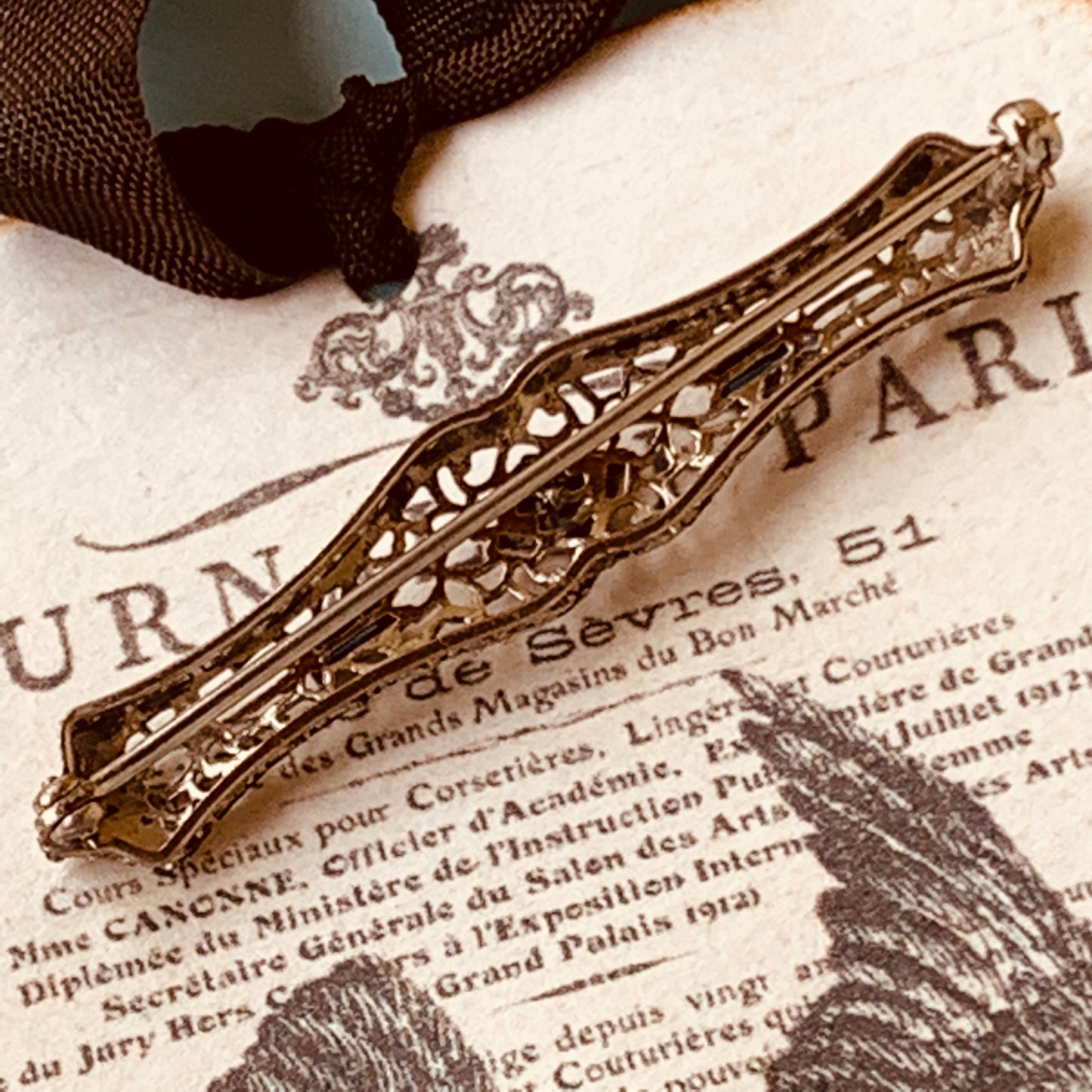 Art Deco Blue Paste Glass Filigree Pin