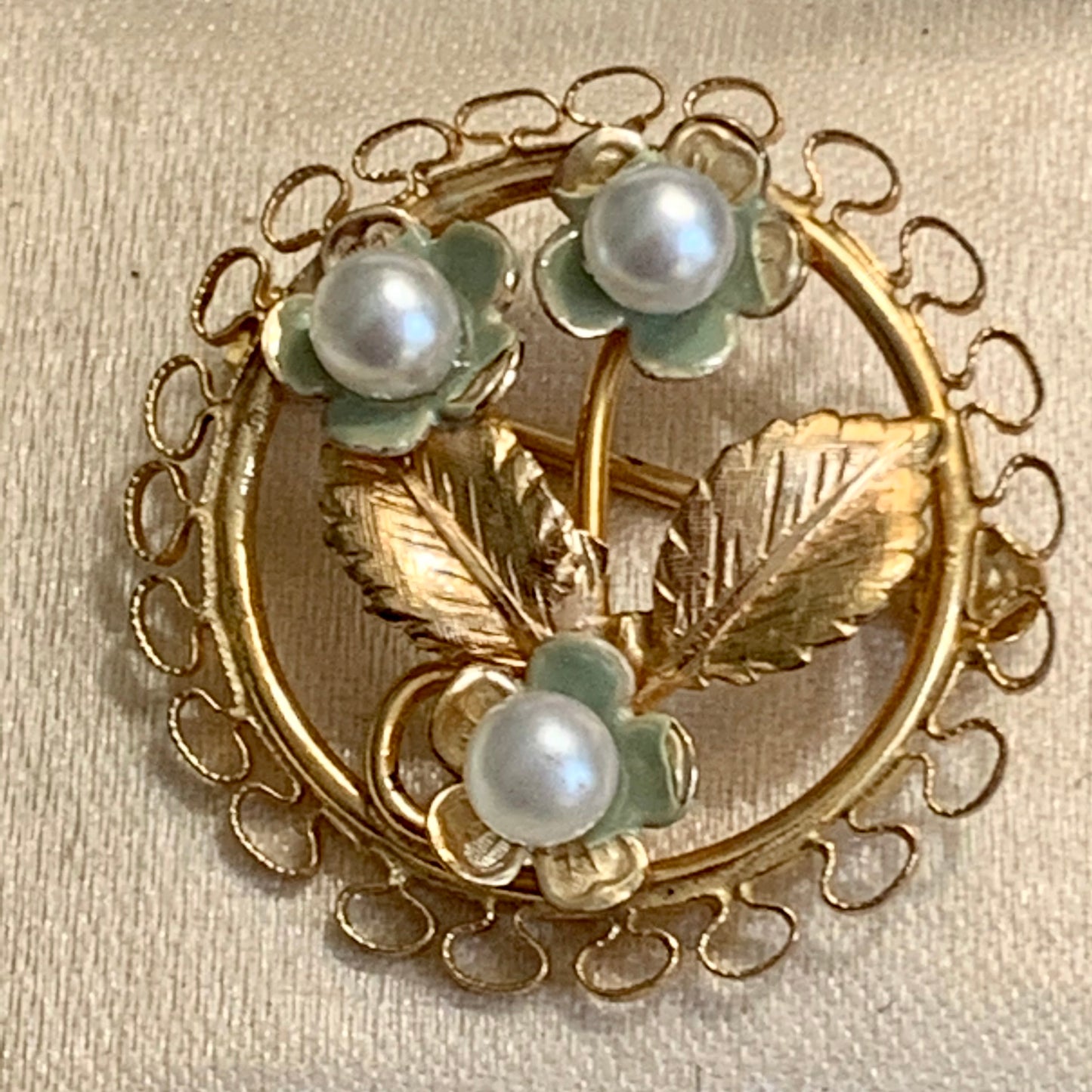 Vintage Creed Gold Filled Green Enamel Floral Faux Pearl Pin