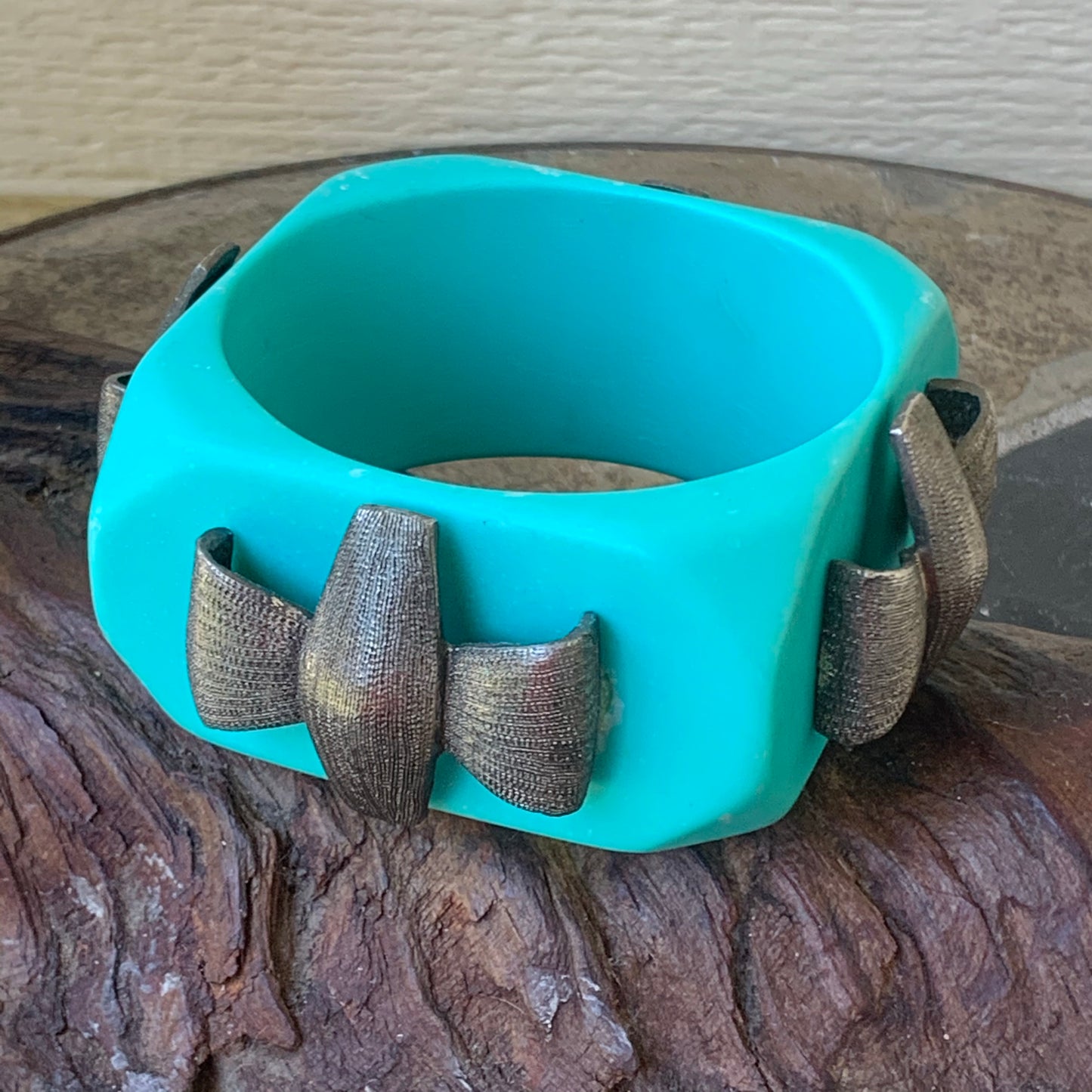 Vintage Chunky Turquoise Plastic & Metallic Bangle Bracelet
