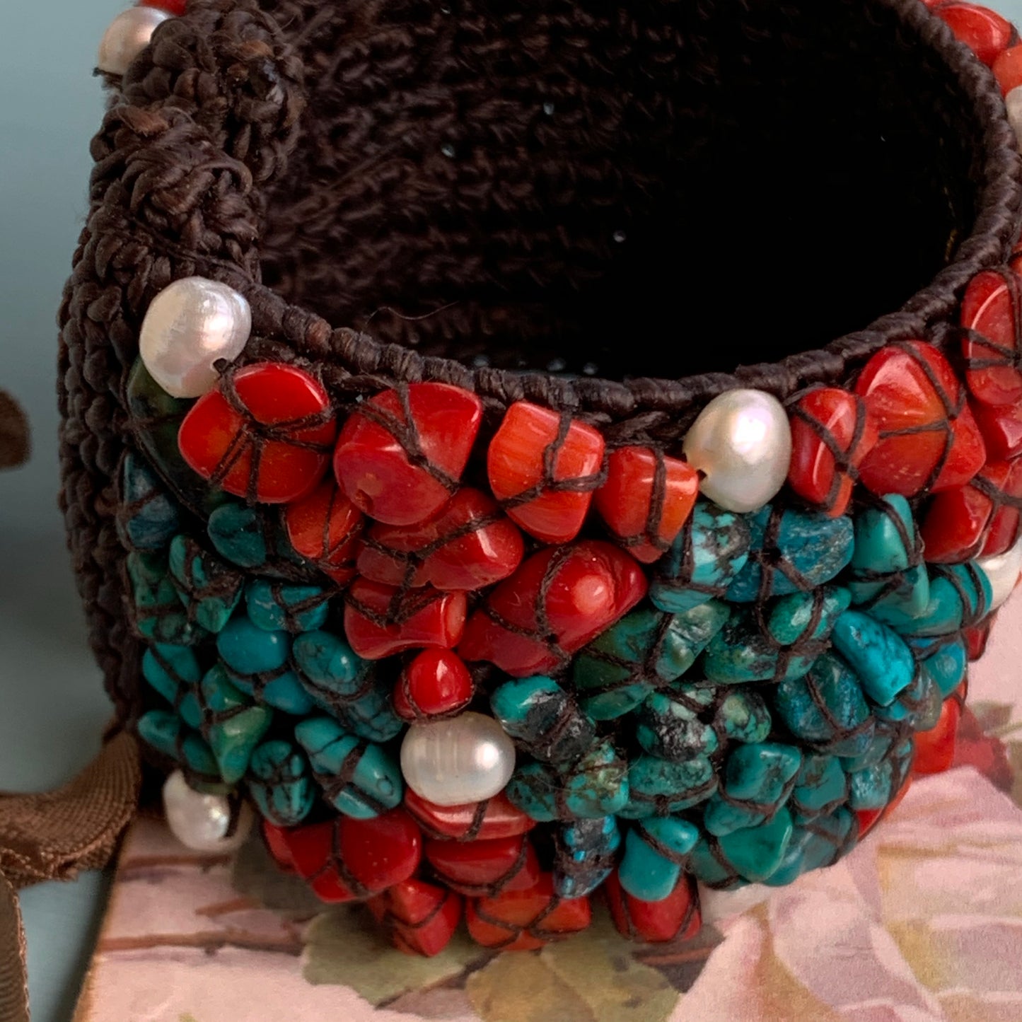 Red Coral, Freshwater Pearl, & Turquoise Chip Bracelet