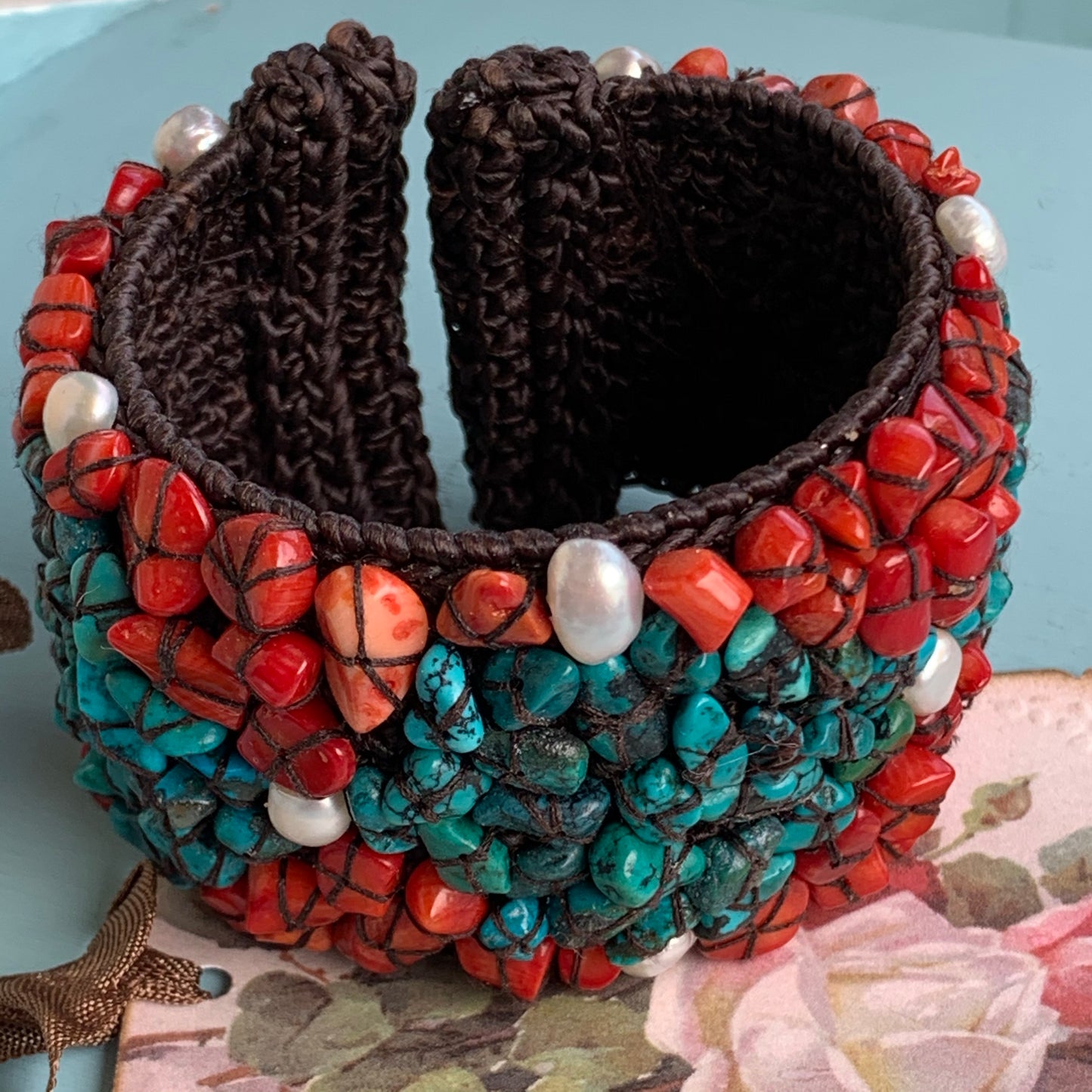 Red Coral, Freshwater Pearl, & Turquoise Chip Bracelet