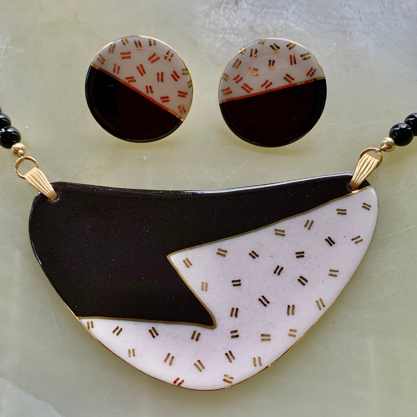 Vintage Sandy Russell Porcelain Onyx & Mother of Pearl Necklace & Earrings Set - Lady Slippers