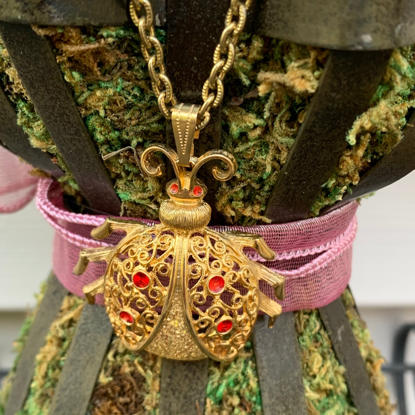 Vintage Rhinestone Ladybug Necklace