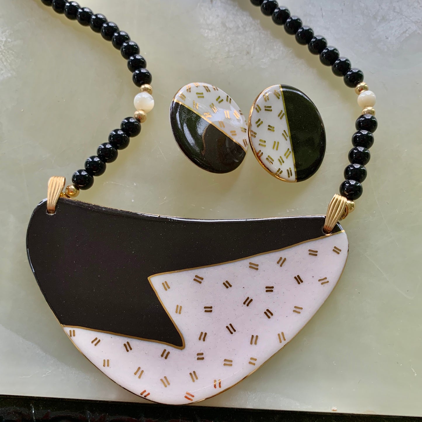 Vintage Sandy Russell Porcelain Onyx & Mother of Pearl Necklace & Earrings Set - Lady Slippers