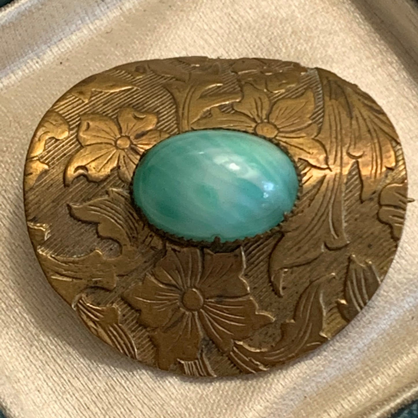 Victorian Green and White Art Glass Pin