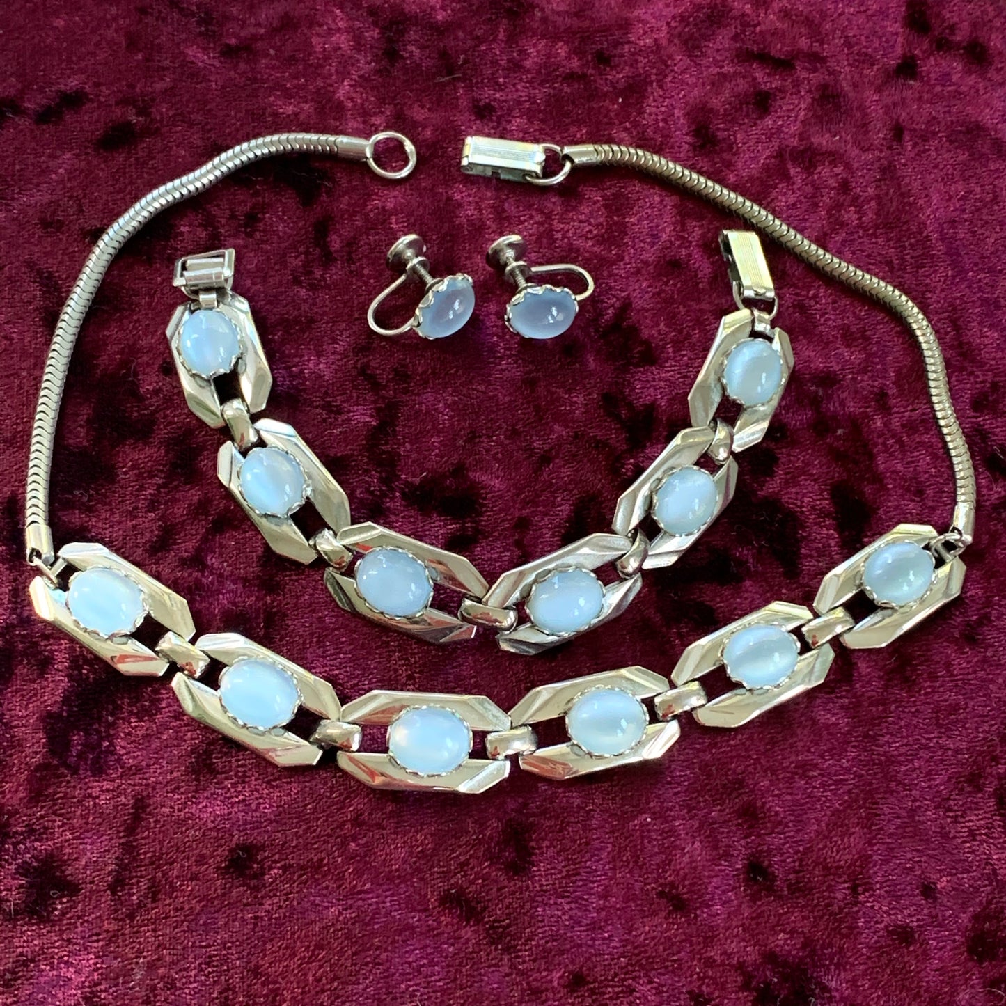 Modern Looking Soft Blue Glass Cabochon Necklace, Bracelet and Earring Set - Lady Slippers