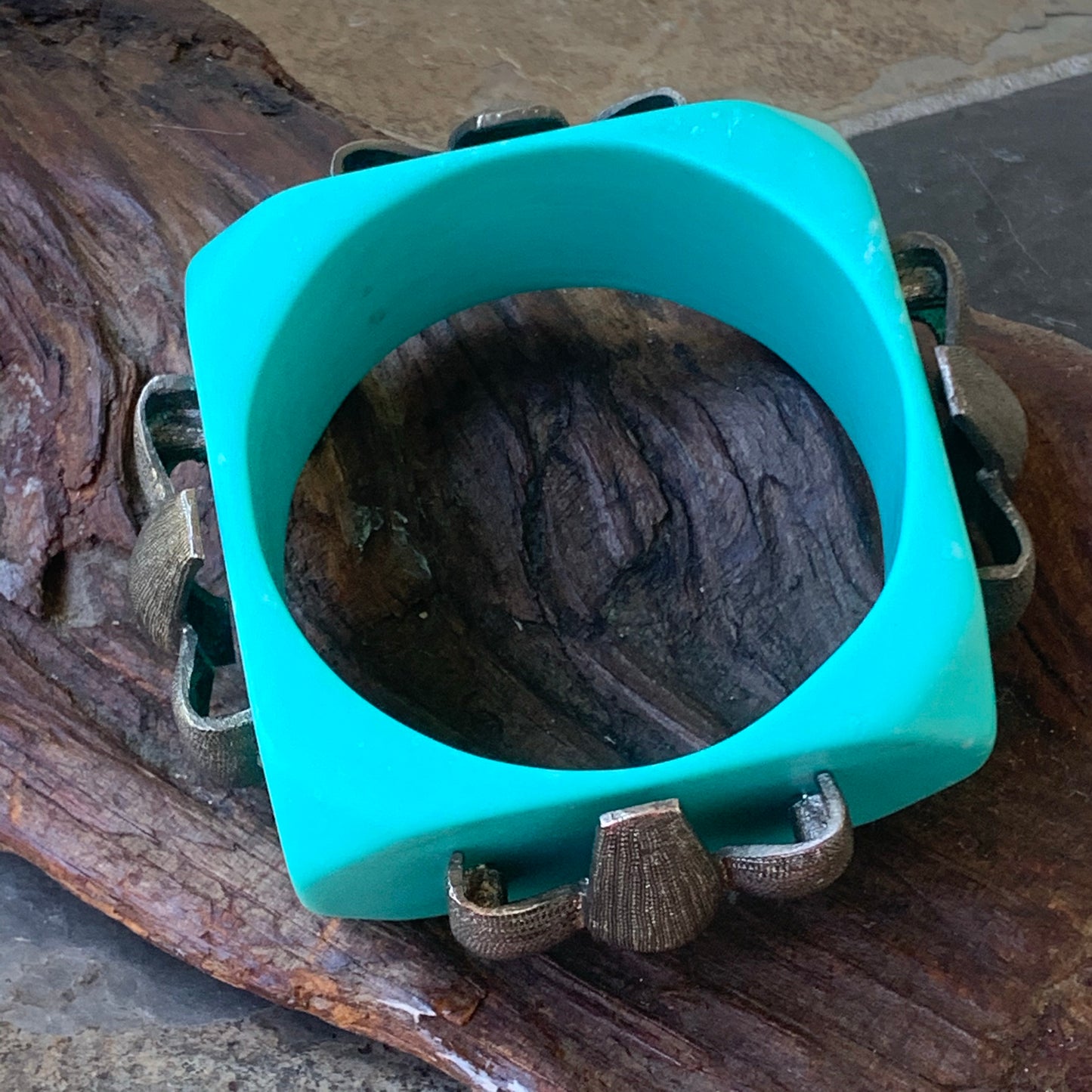 Vintage Chunky Turquoise Plastic & Metallic Bangle Bracelet