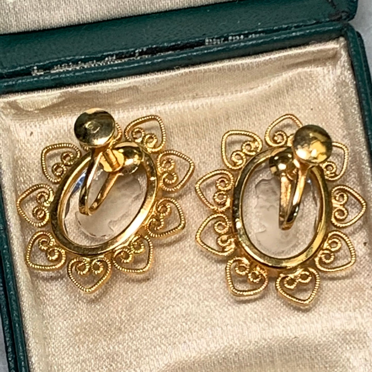 Vintage Reverse Carved Glass Cameo & Heart Shaped Scroll Earrings