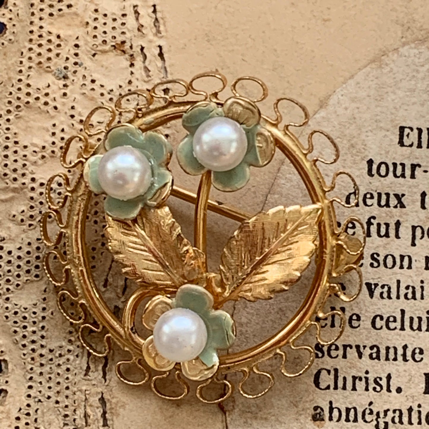 Vintage Creed Gold Filled Green Enamel Floral Faux Pearl Pin - Lady Slippers