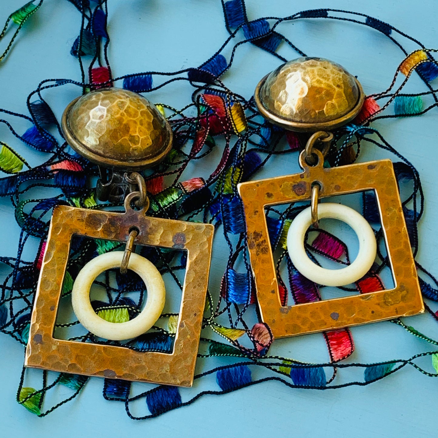 Mid Century Modern Copper & Plastic Dangling Earrings
