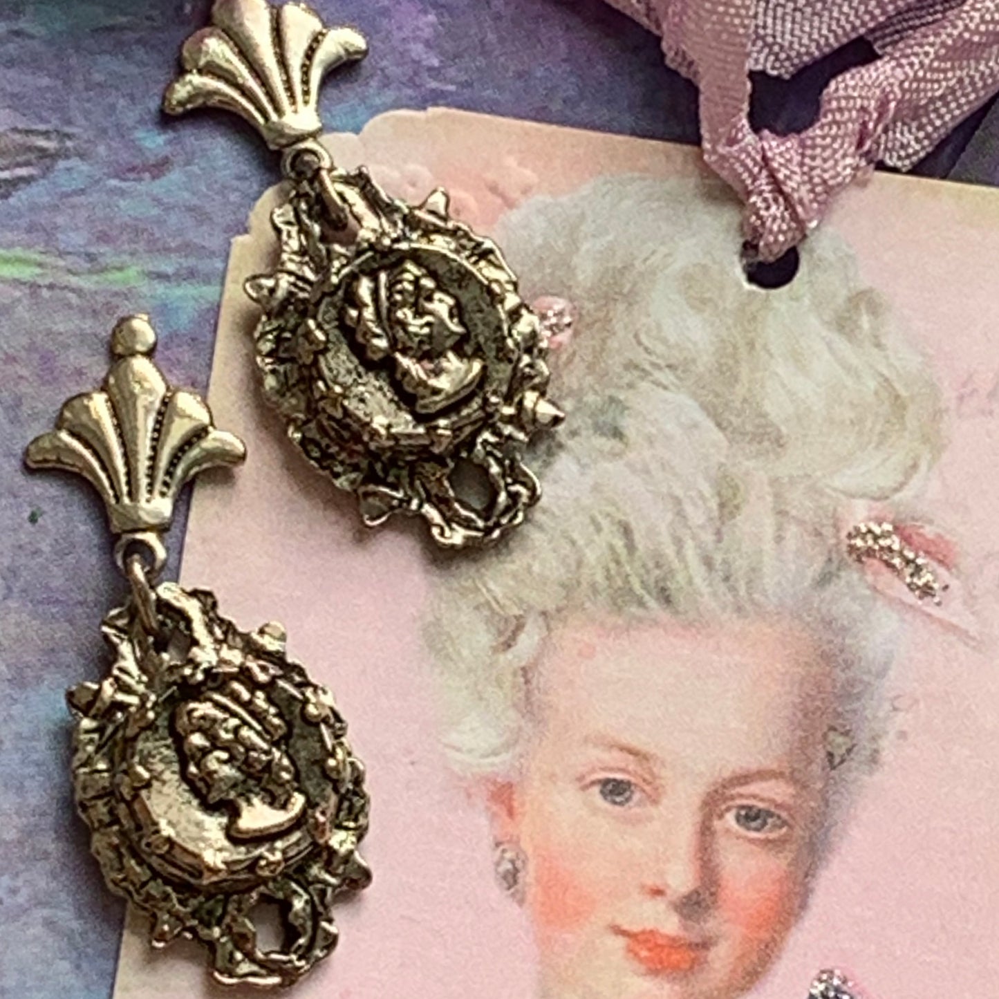 Vintage Silver Tone Cameo Pierced Earrings 14K Gold Posts - Lady Slippers