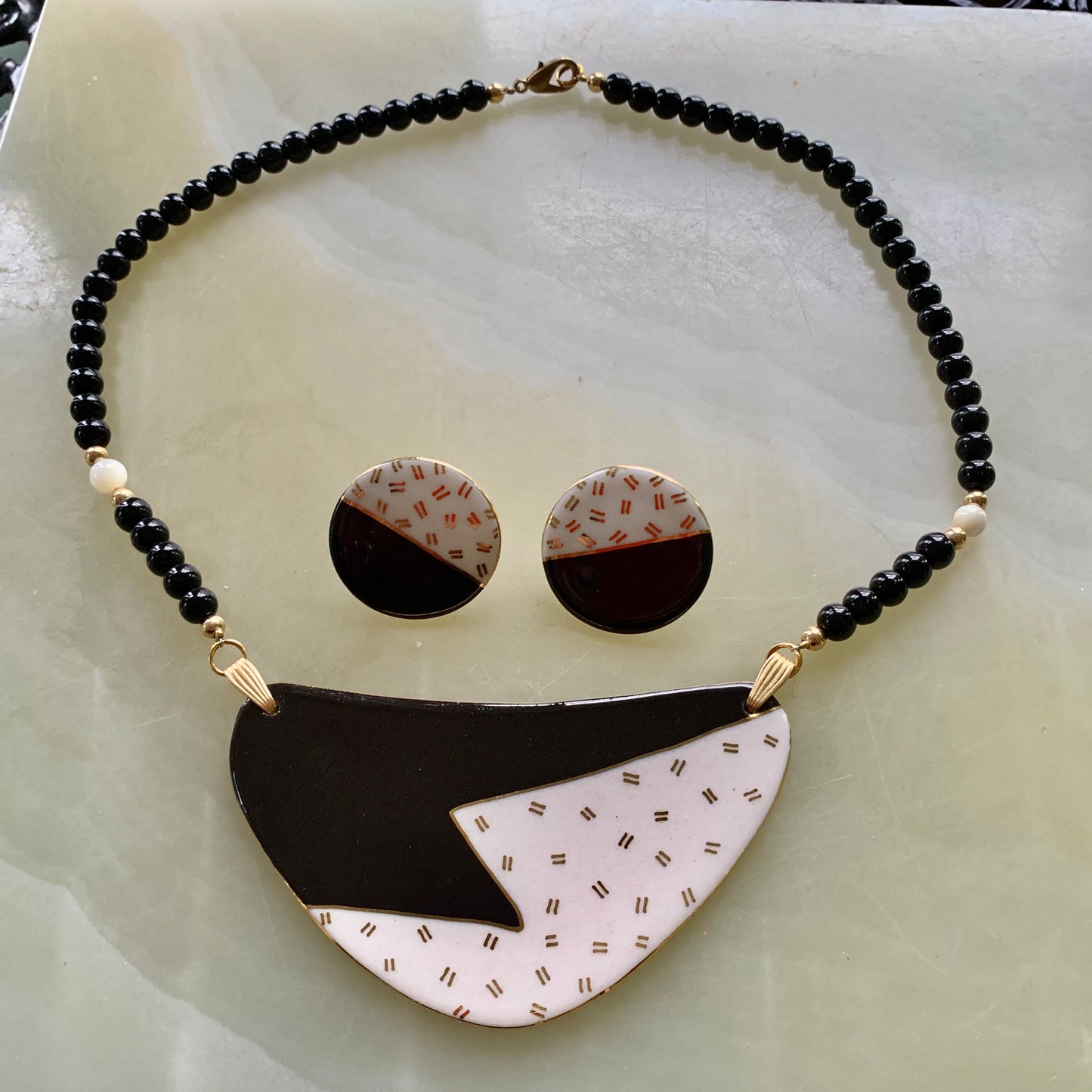 Vintage Sandy Russell Porcelain Onyx & Mother of Pearl Necklace & Earrings Set - Lady Slippers