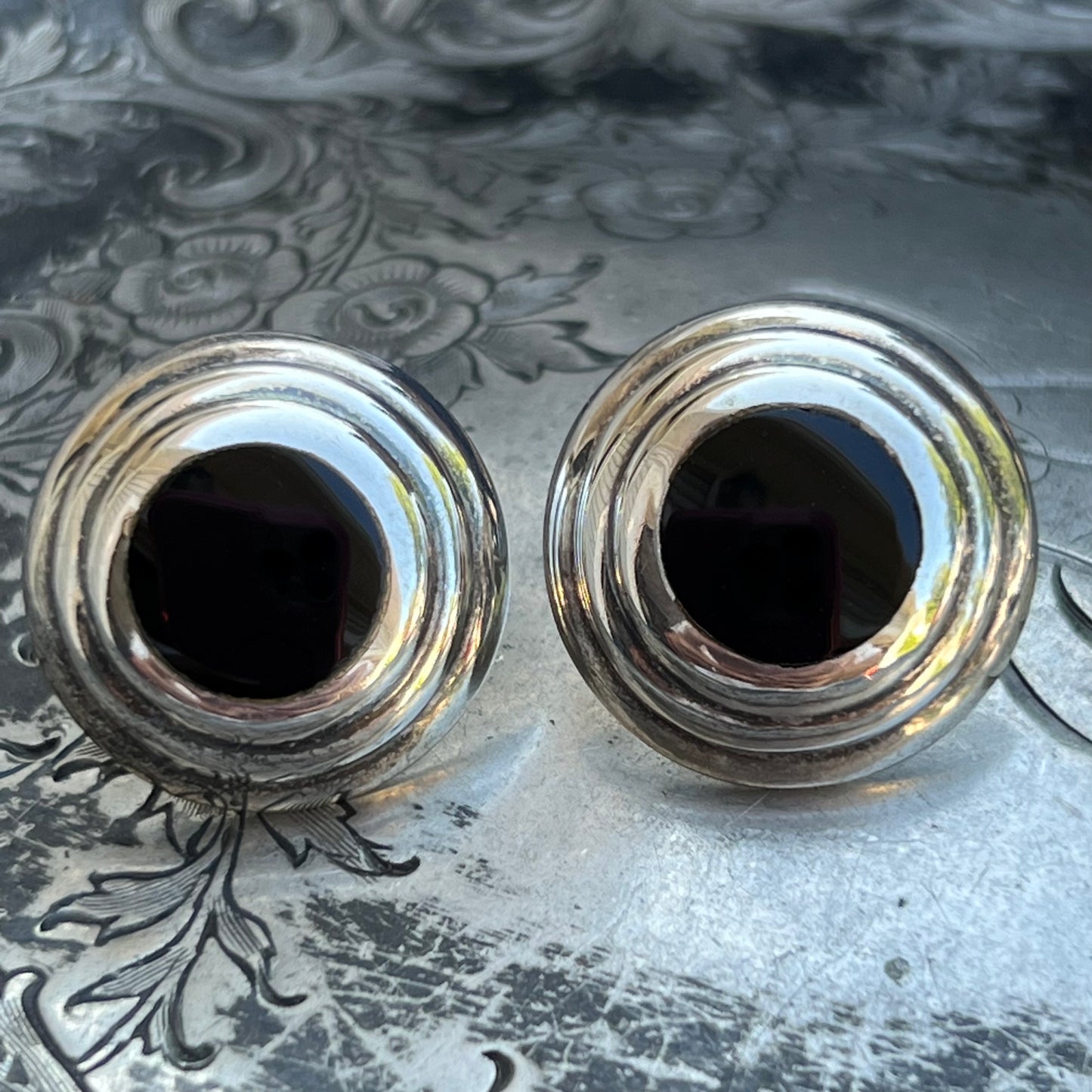 Sterling Silver & Inlaid Semi Precious Black Onyx Gemstone Pierced Earrings