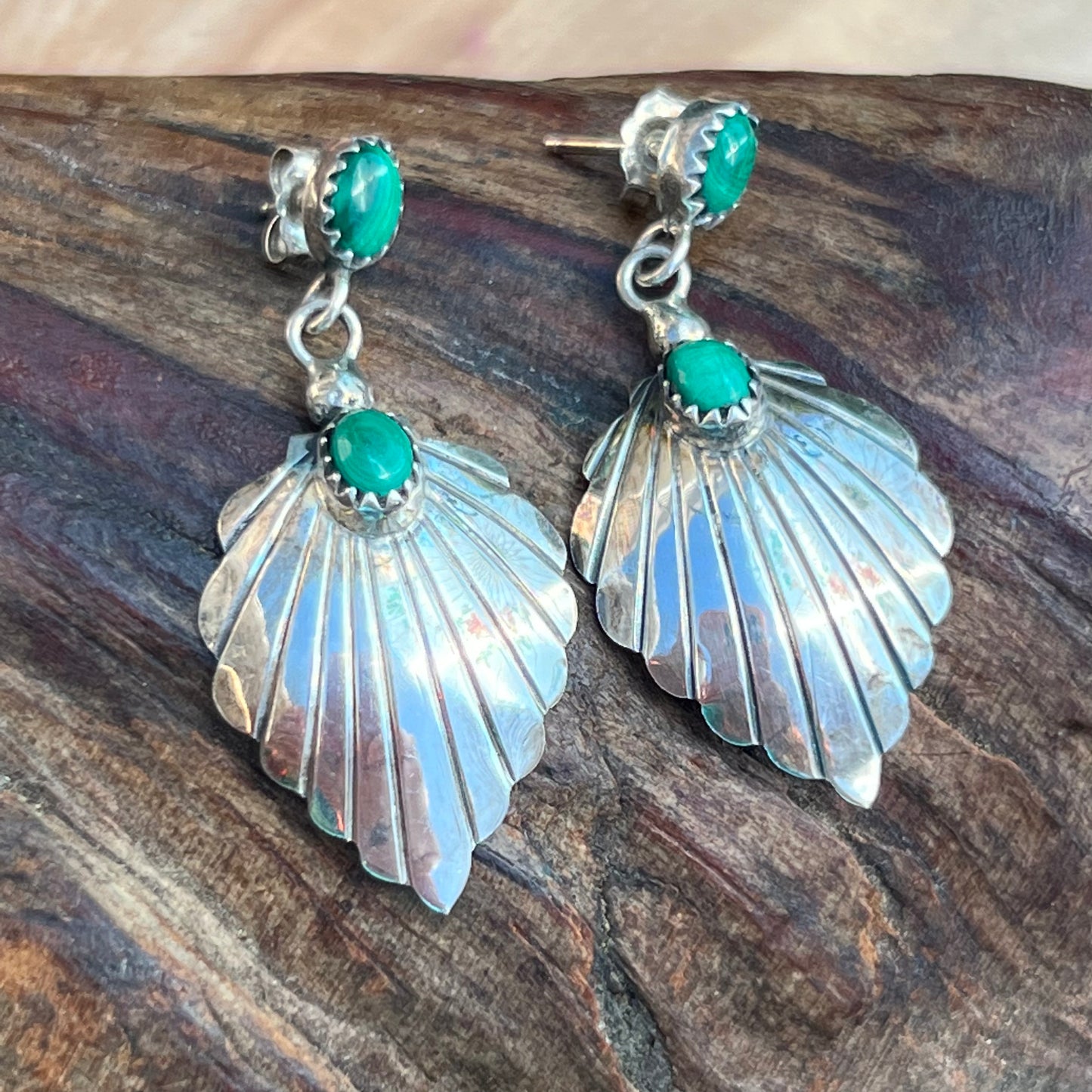 Vintage Sterling Silver & Malachite Semi Precious Gemstone Earrings