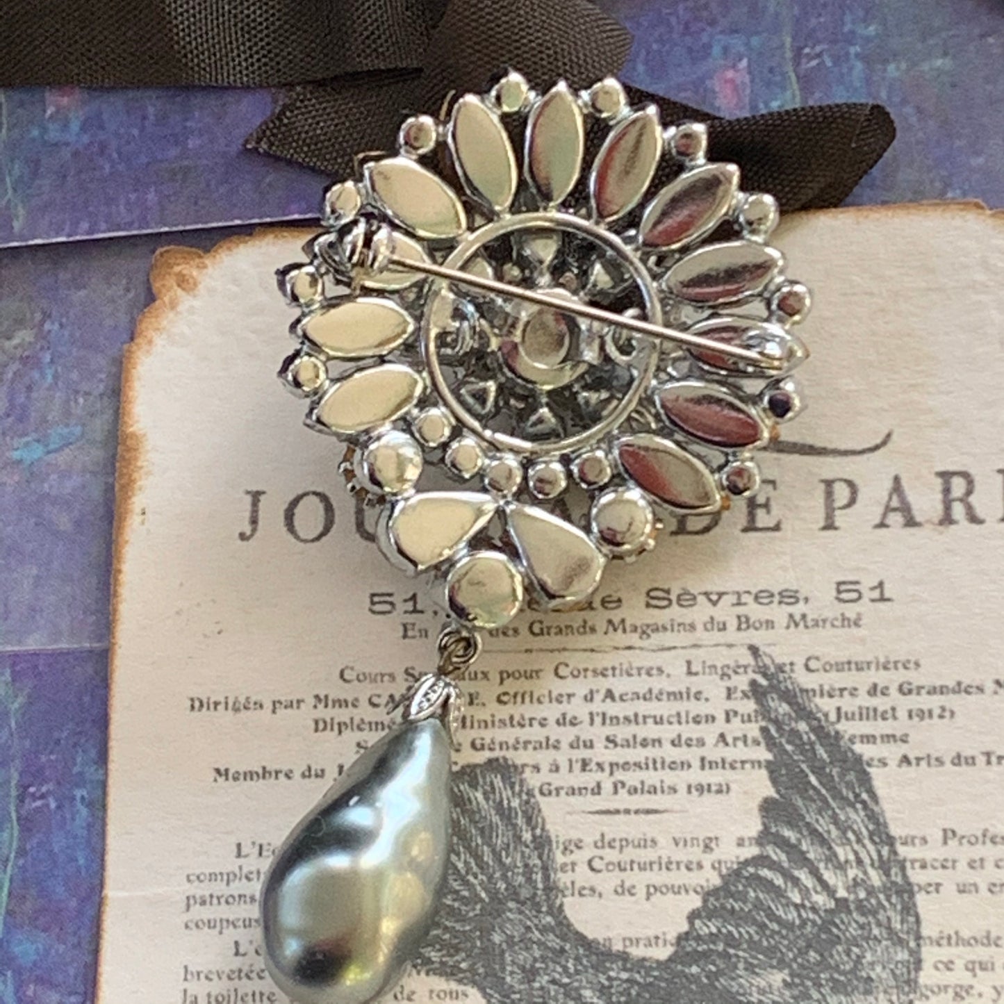 Vintage Soft Grey and Clear Rhinestone Dangling Pin - Lady Slippers