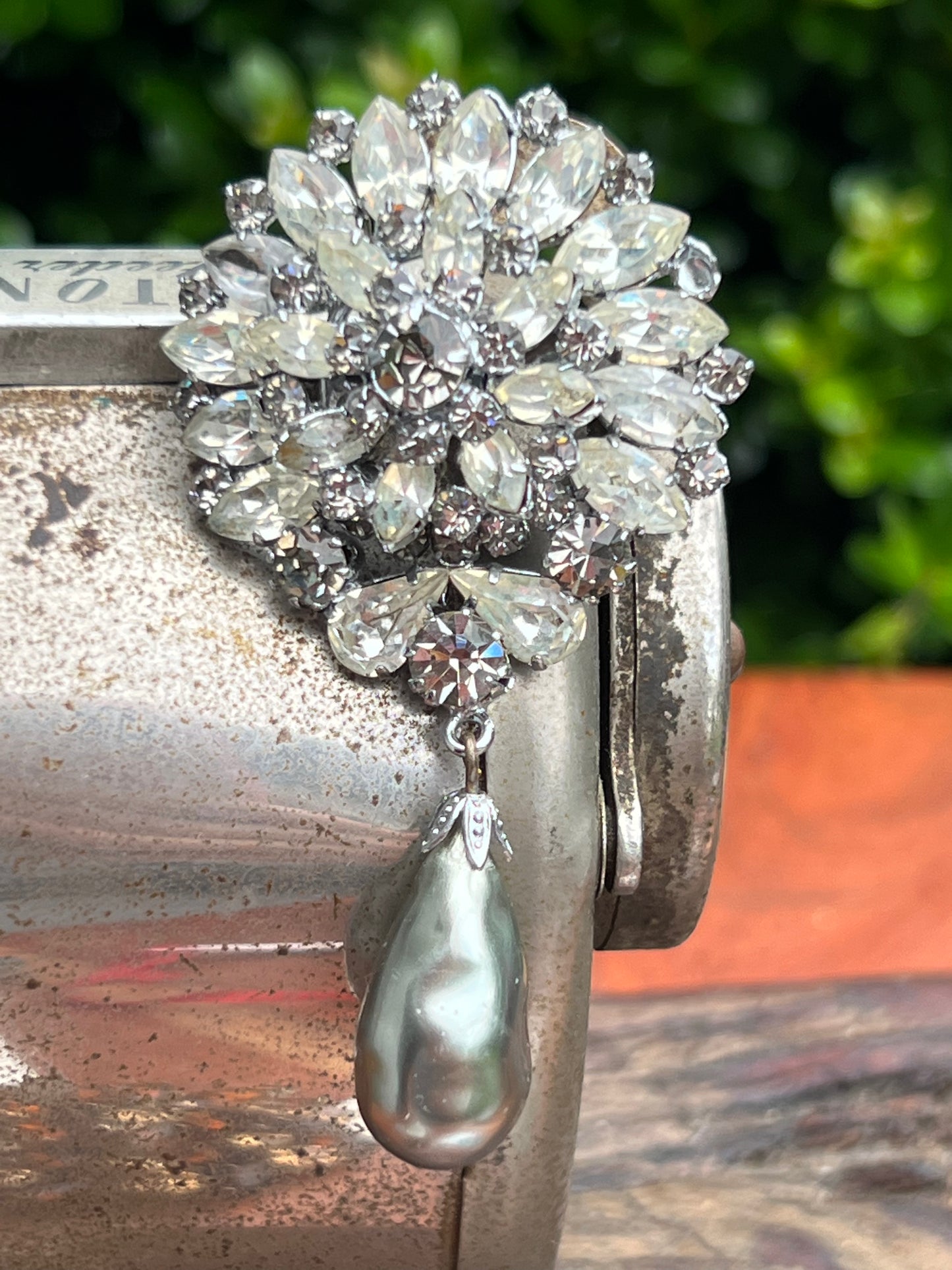 Vintage Soft Grey and Clear Rhinestone Dangling Pin
