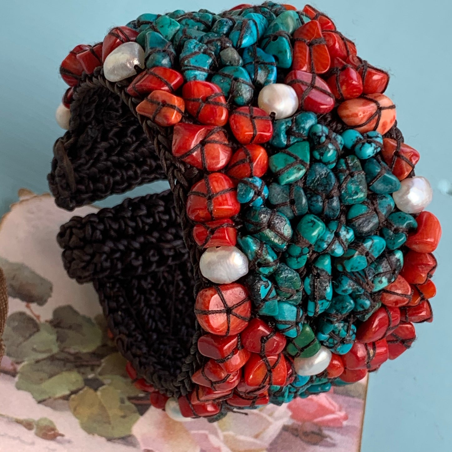 Red Coral, Freshwater Pearl, & Turquoise Chip Bracelet