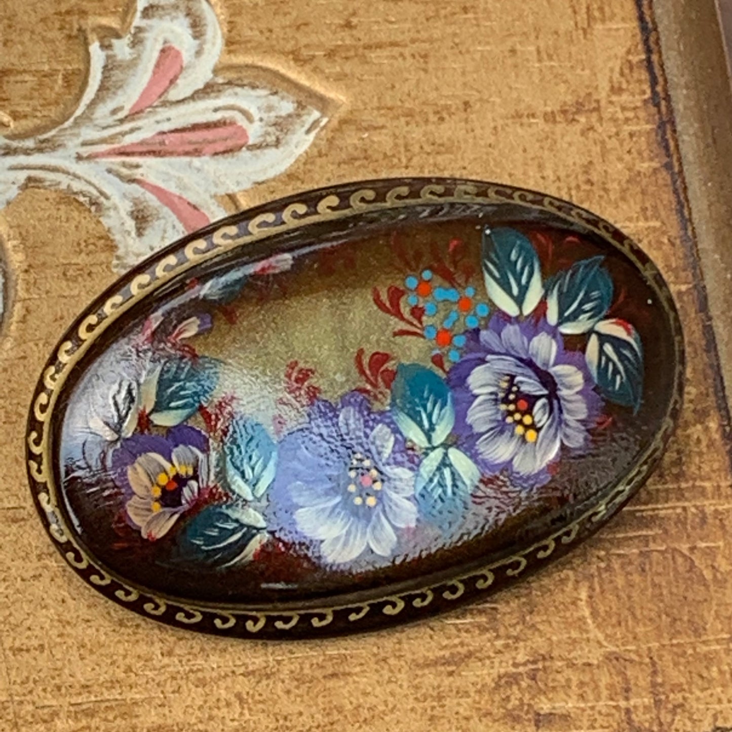 Vintage Signed Russian Black Lacquer Hand Painted Floral Pin