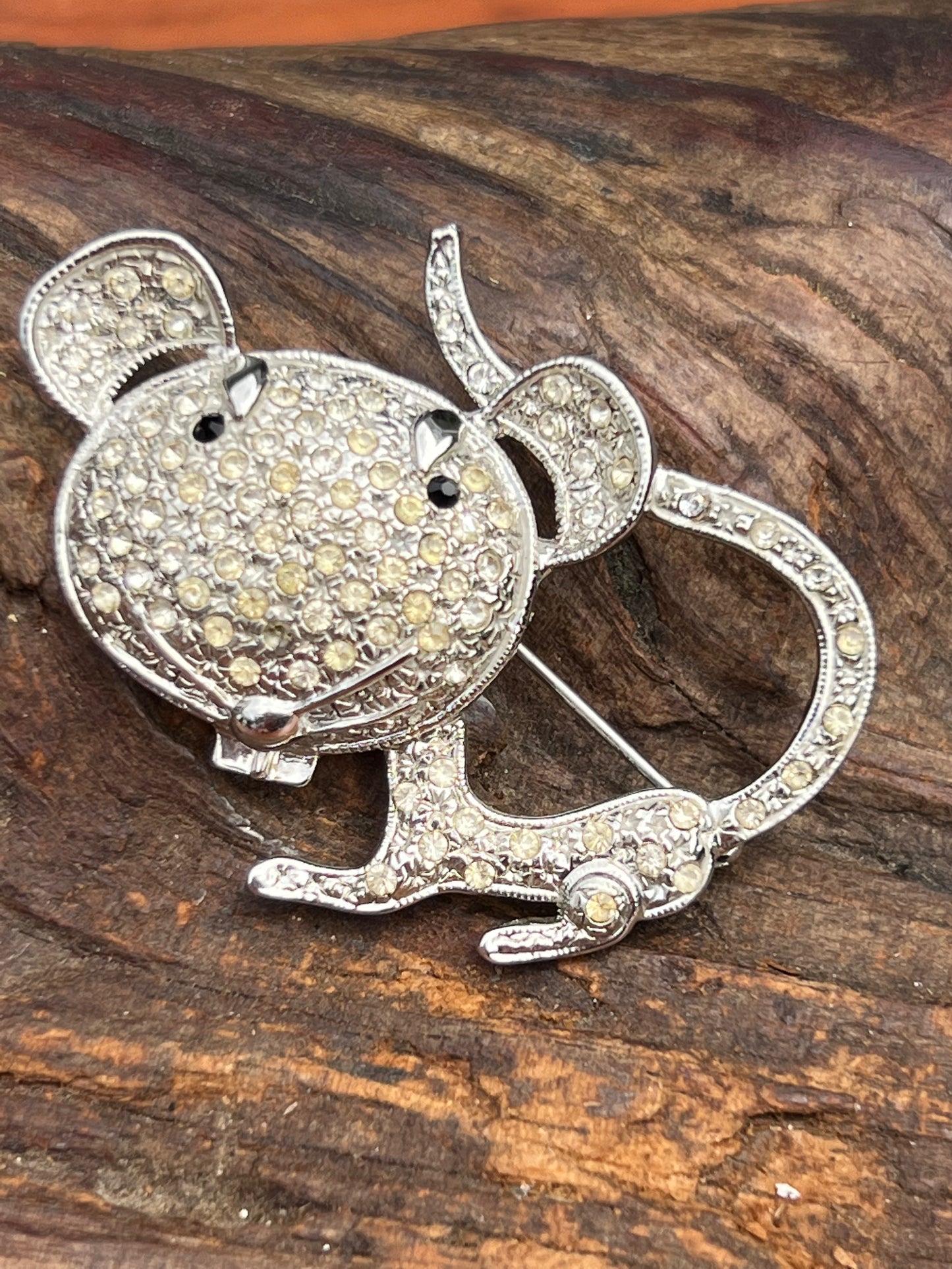 Vintage Rhinestone Mouse Figural Pin