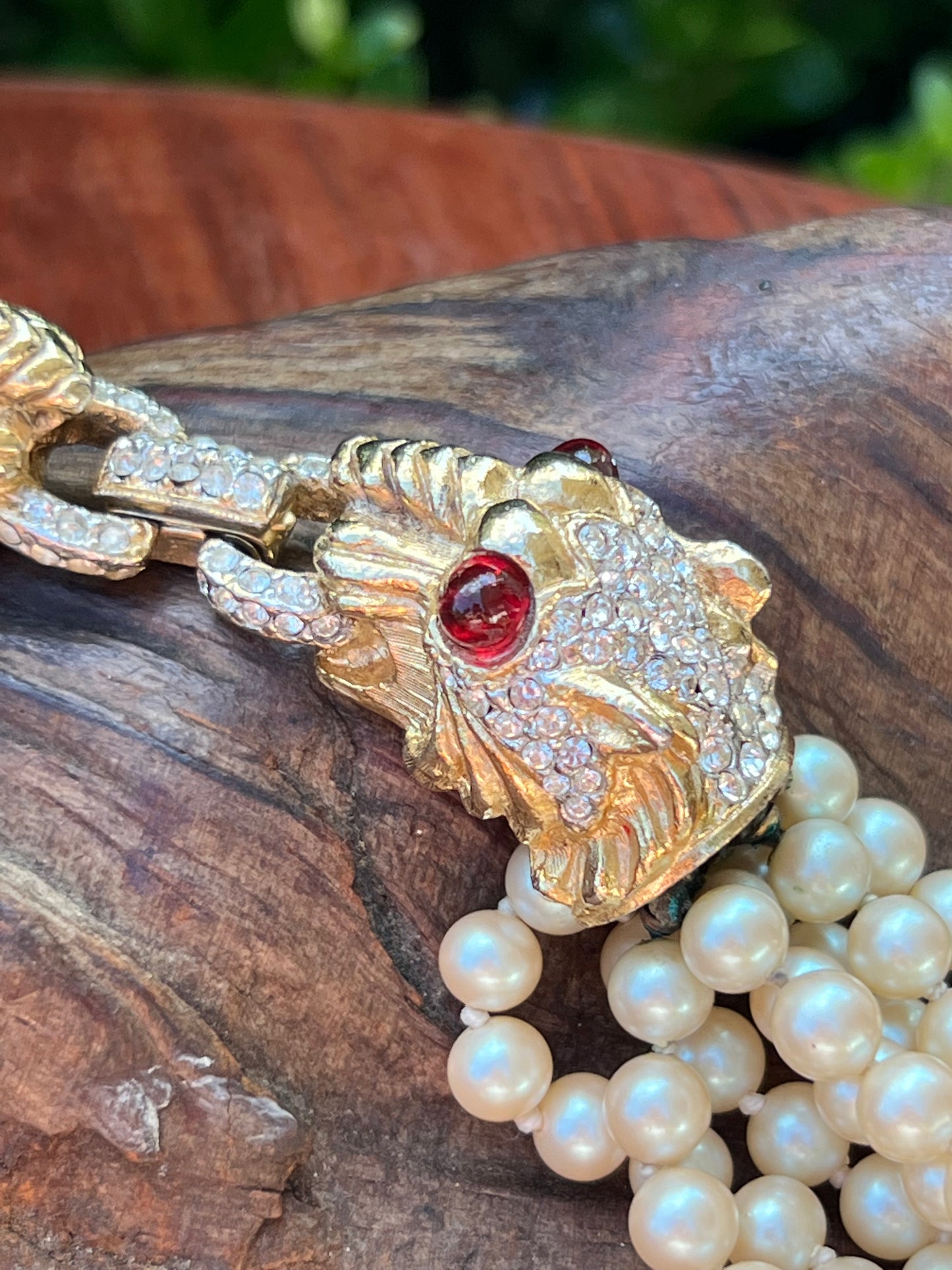 Vintage Donald Stannard Foo Dog Garnet & Faux Pearl Necklace