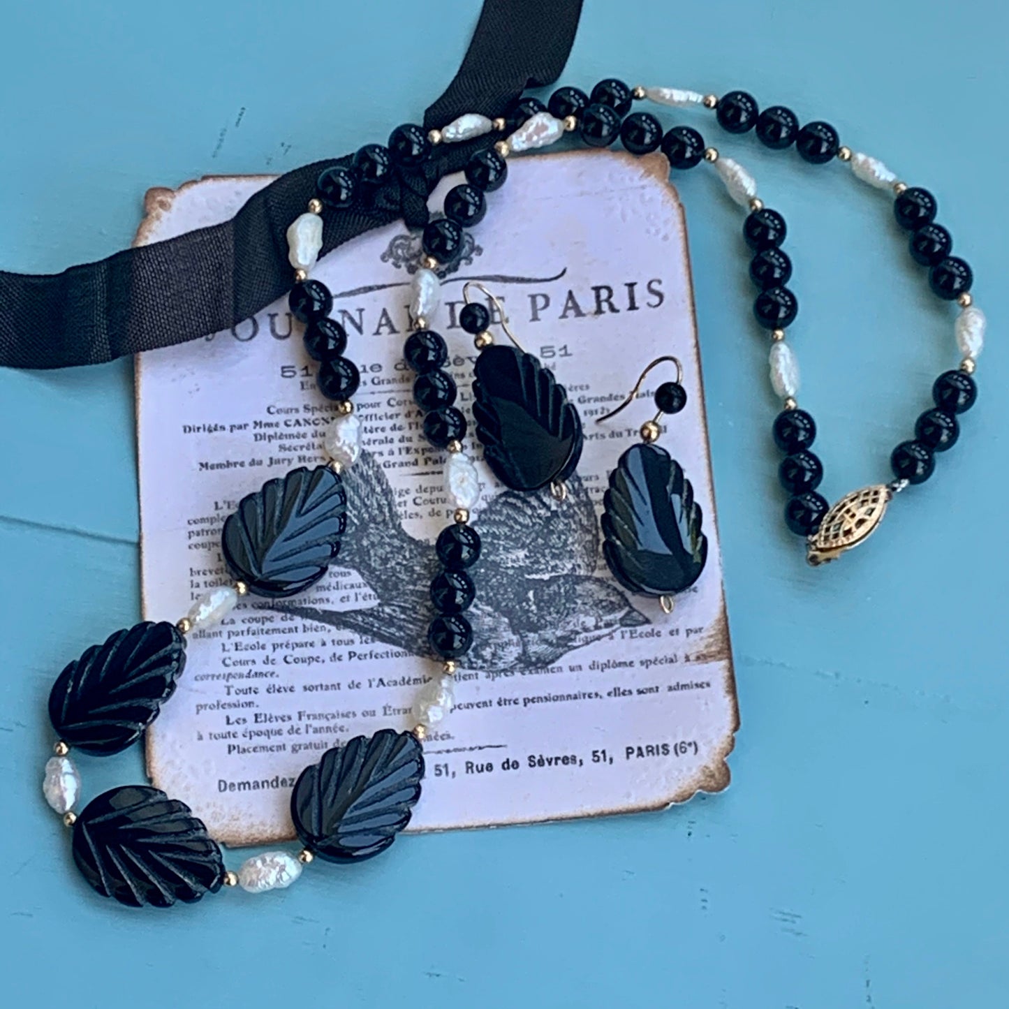 Vintage 14K Gold Filled Carved Onyx & Freshwater Pearl Necklace & Earring Set