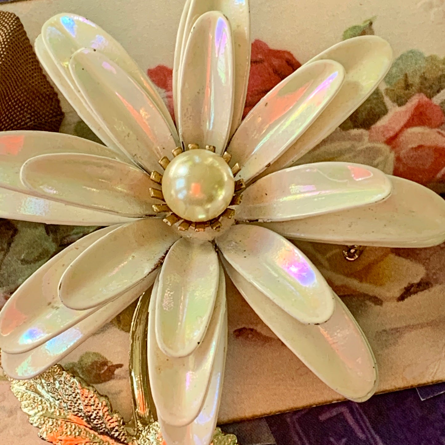 Vintage Coro Iridescent White Enamel Flower Pin - Lady Slippers