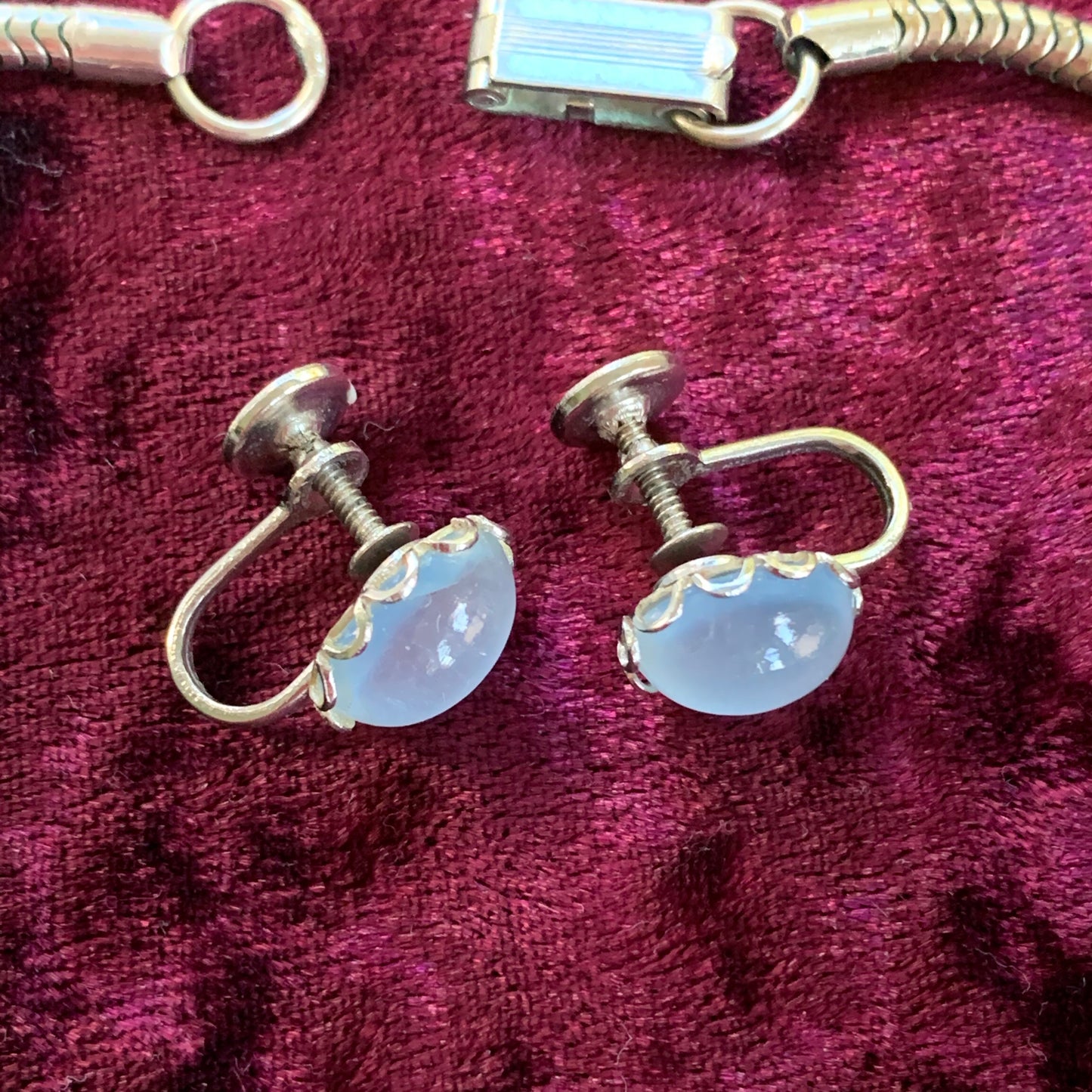 Modern Looking Soft Blue Glass Cabochon Necklace, Bracelet and Earring Set - Lady Slippers