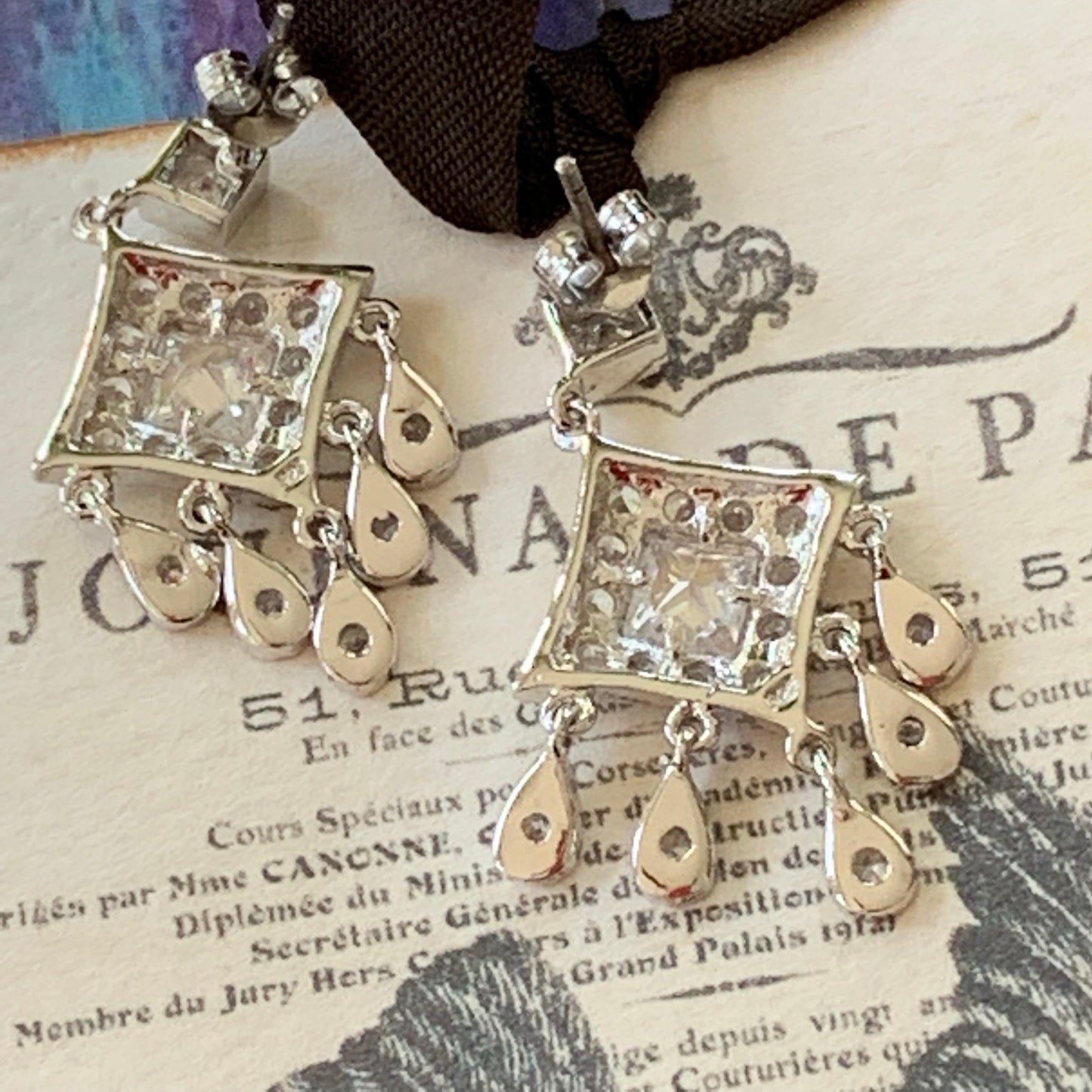 Vintage Sterling Silver & Cubic Zirconia Pierced Dangling Earrings - Lady Slippers