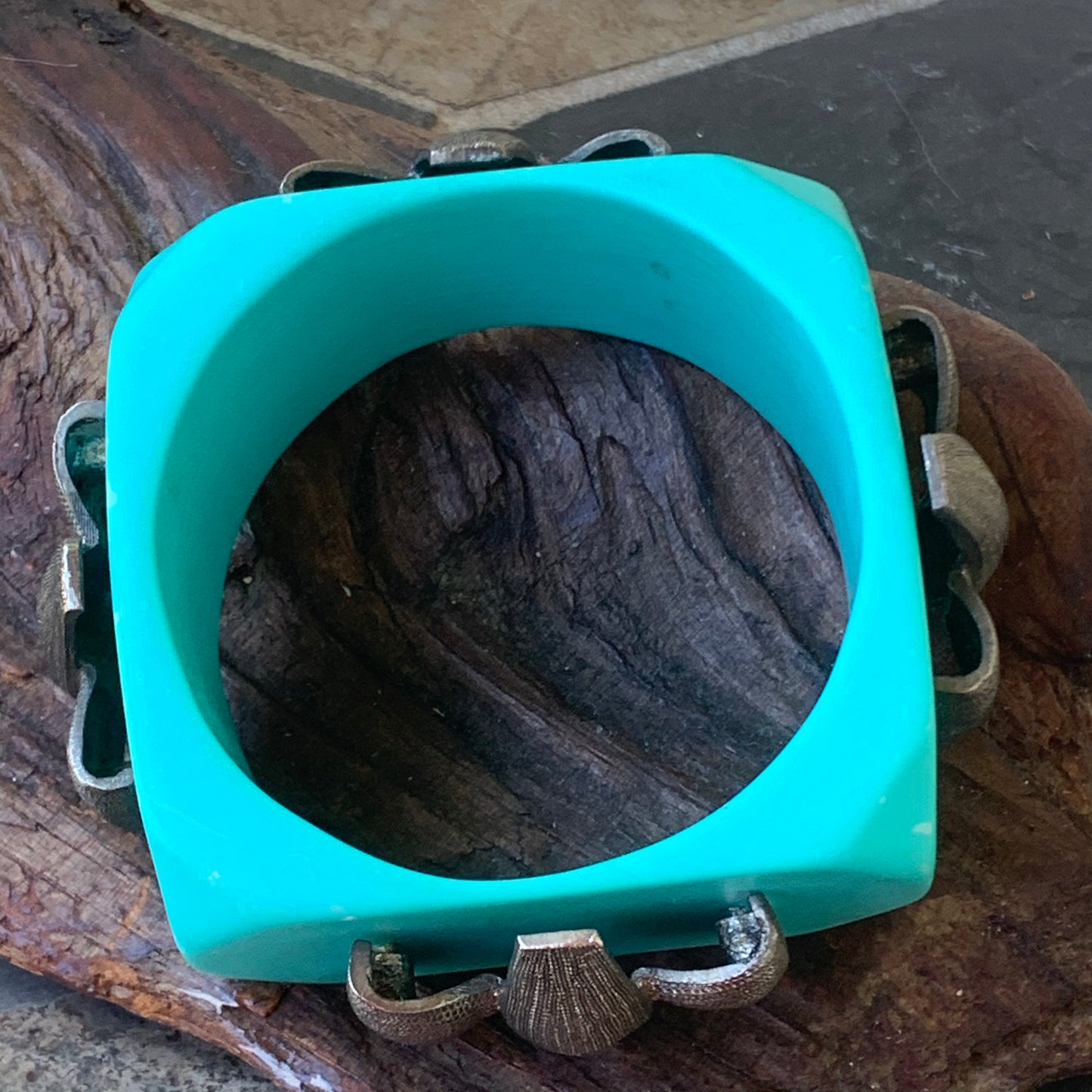 Vintage Chunky Turquoise Plastic & Metallic Bangle Bracelet
